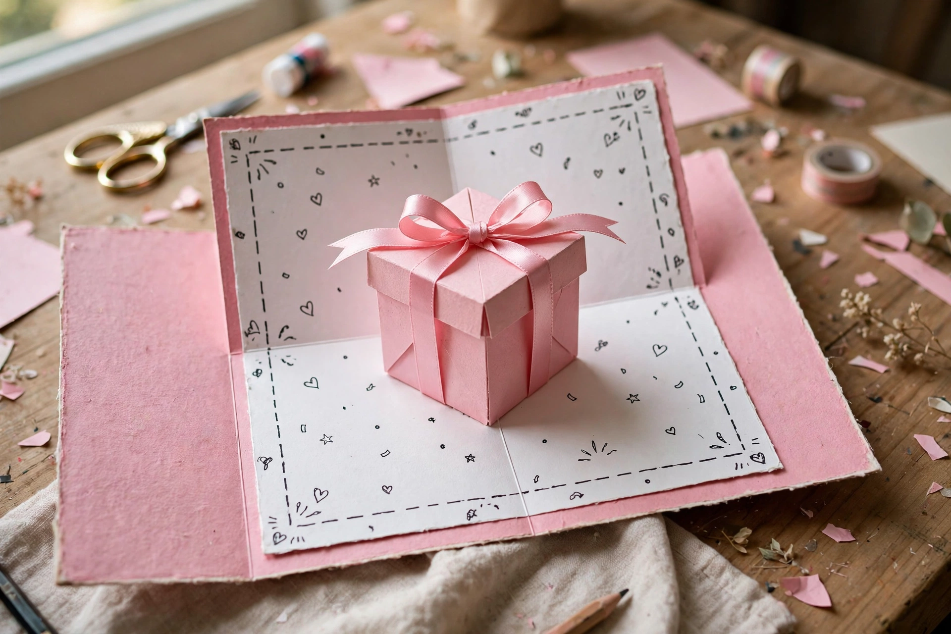 Pop-up birthday card with 3D gift box and ribbon bow