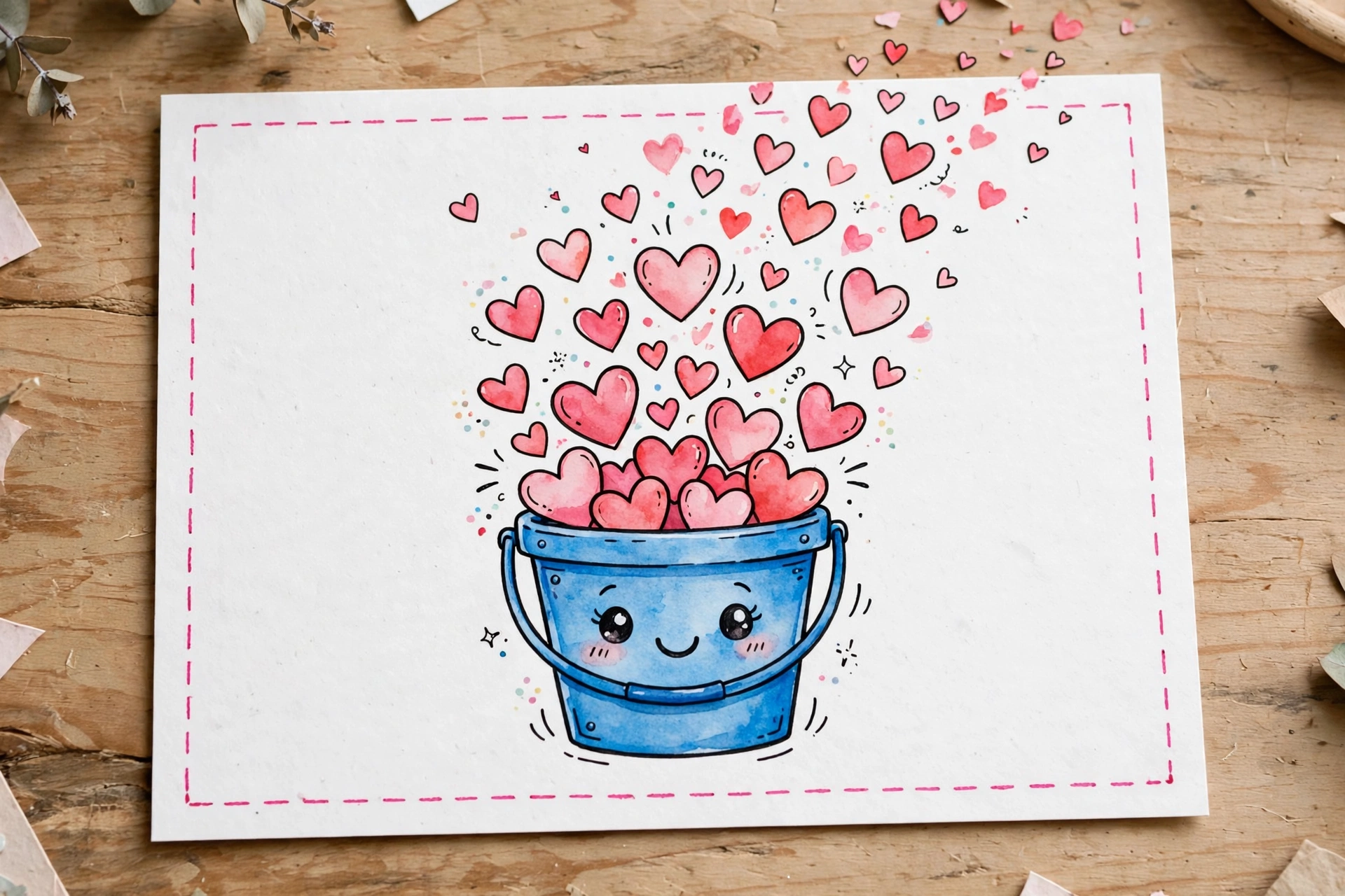 Hand-lettered birthday card with kawaii bucket of hearts