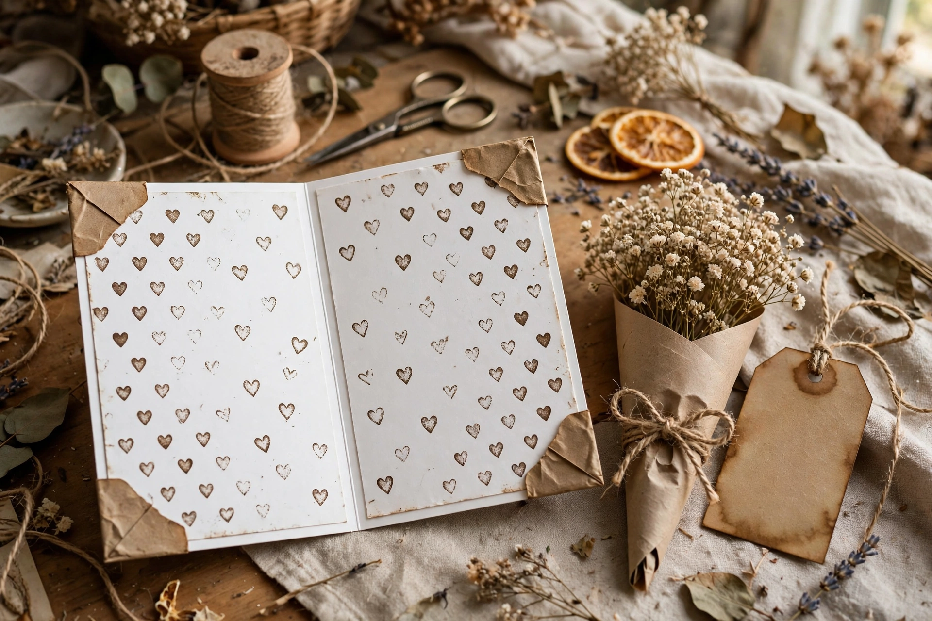Rustic birthday card with dried flowers and jute twine
