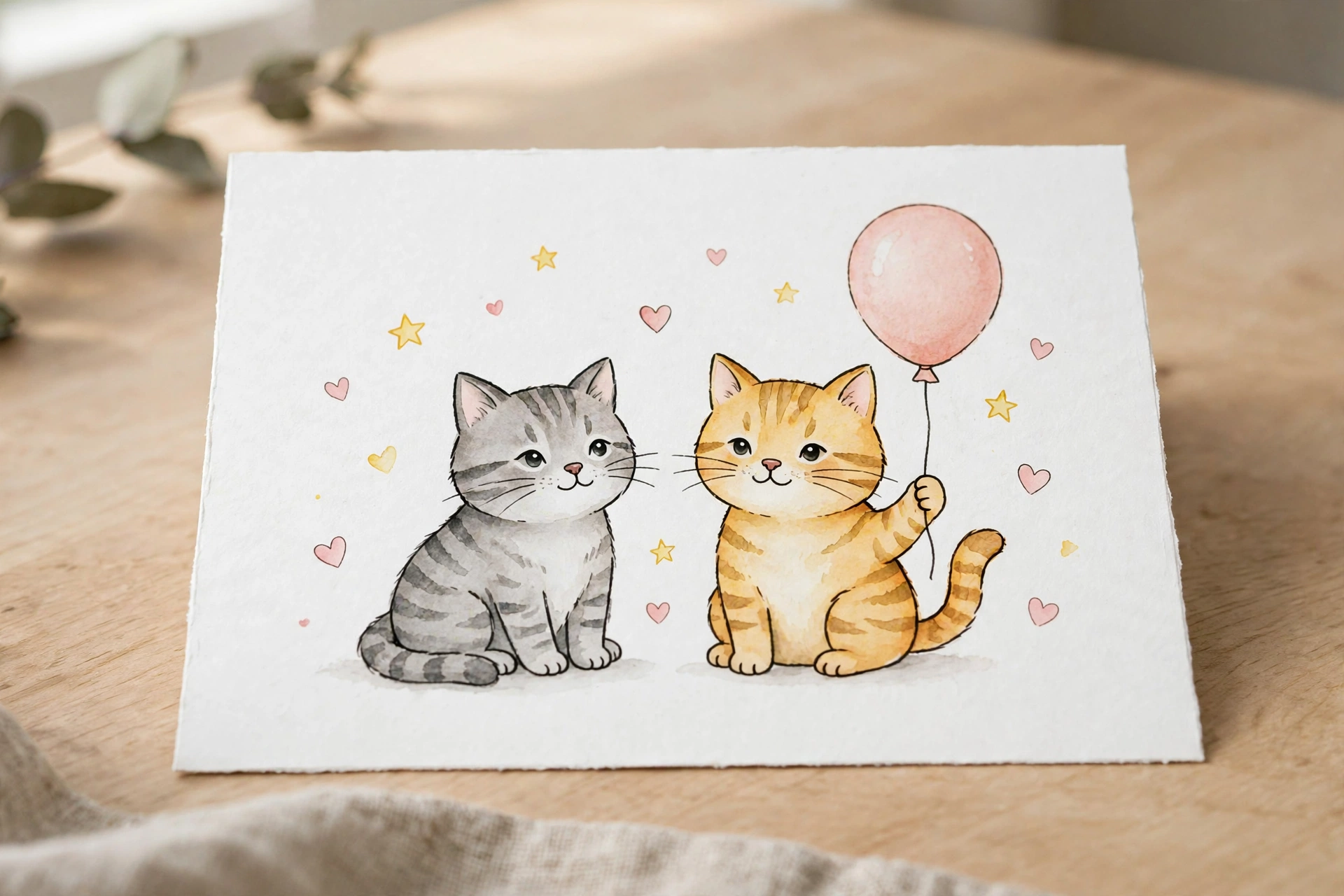 Handmade birthday card with two illustrated cats and a balloon