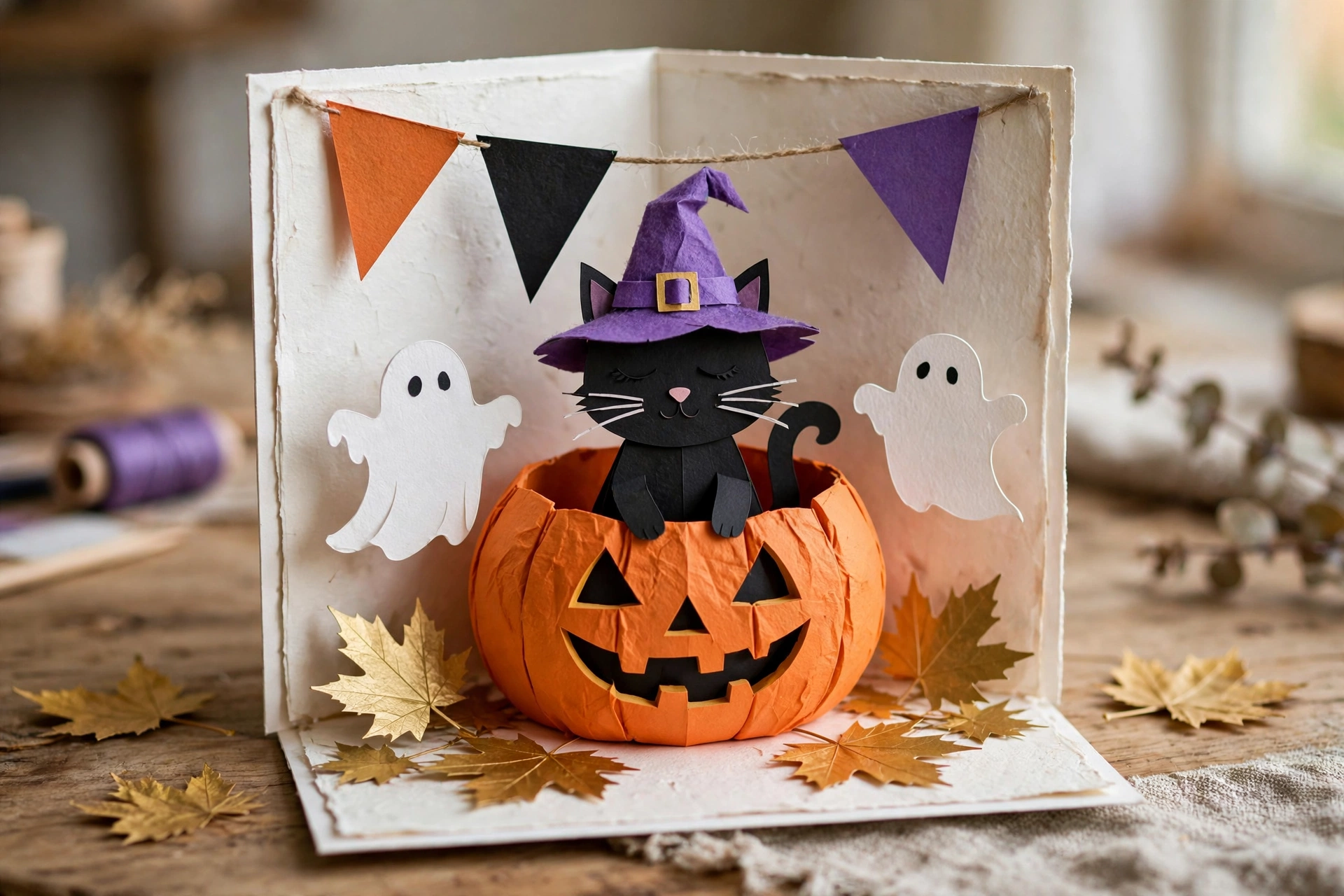 Handmade Halloween pop-up cat birthday card with jack-o-lantern