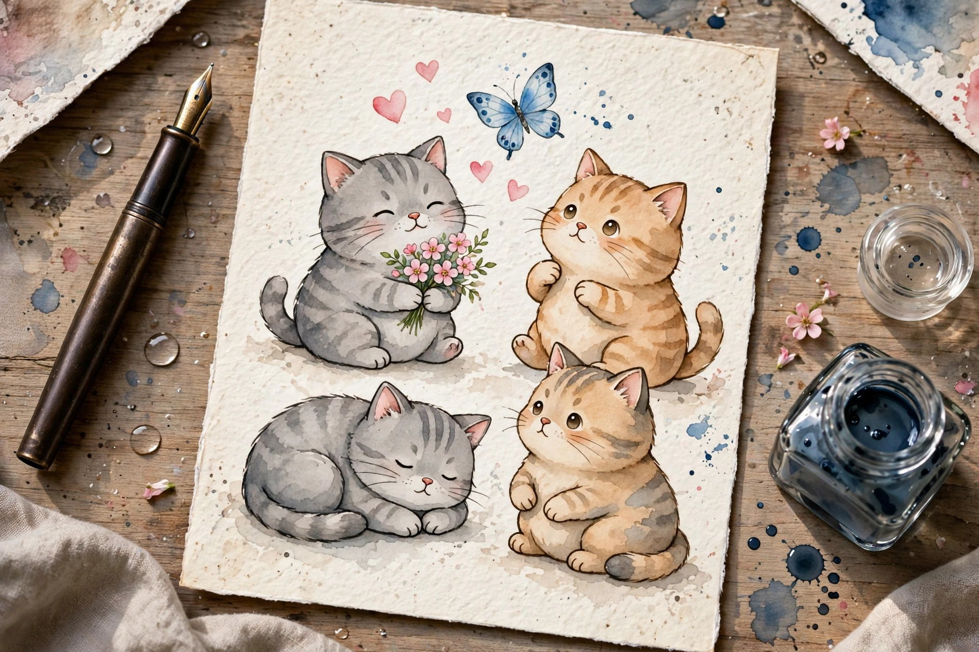 Hand-illustrated chibi cat birthday card in ink and watercolor