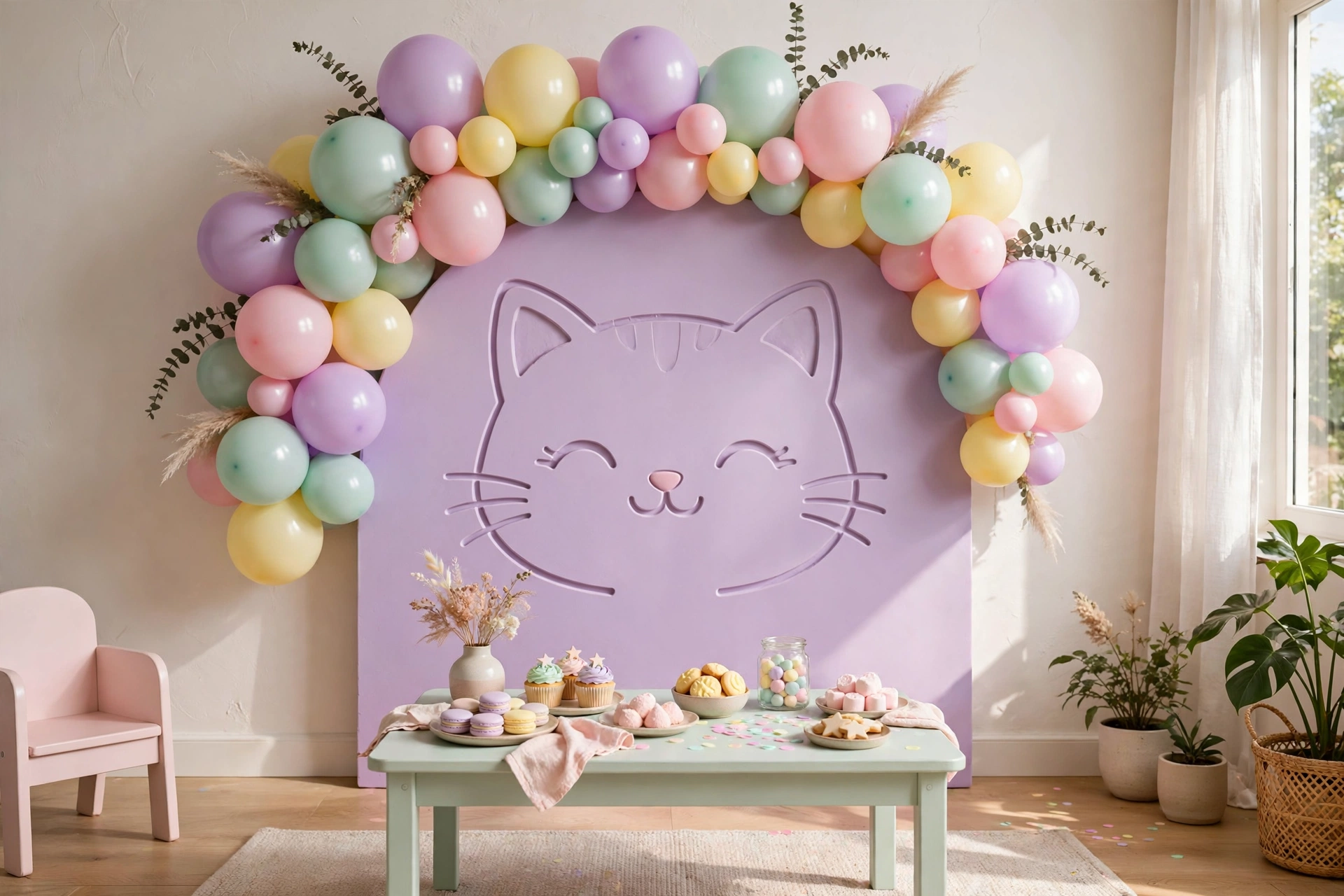 Pastel balloon garland birthday setup with cat face backdrop
