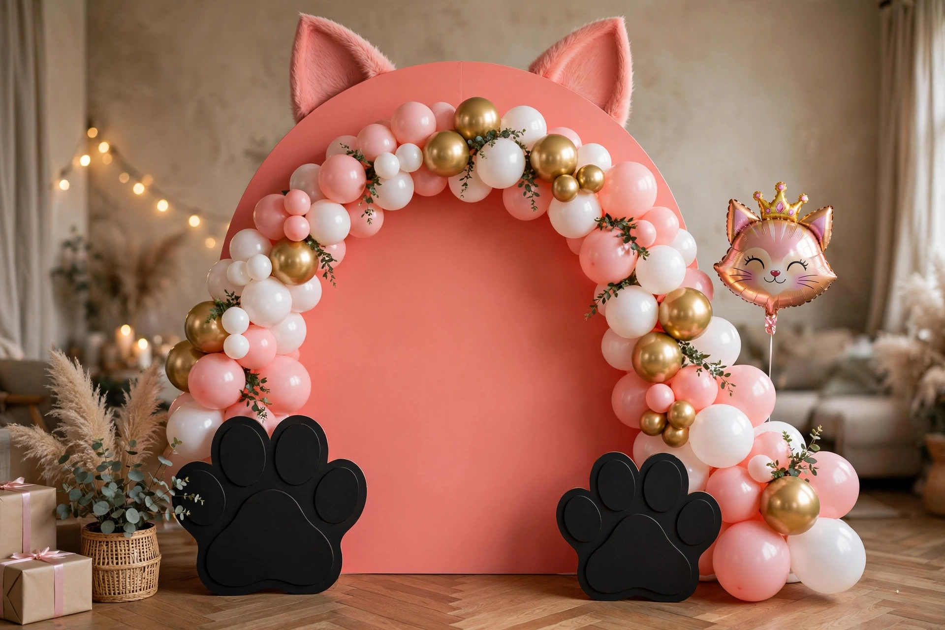 Pink arch backdrop with paw print decorations and cat balloons