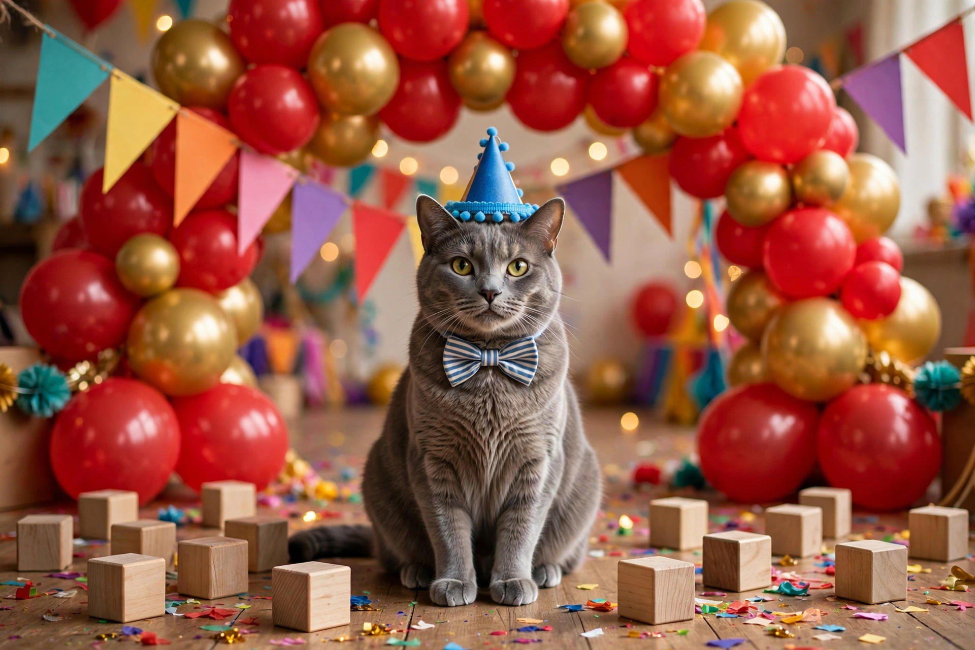 Cat wearing party hat and bow tie in colorful birthday photo setup