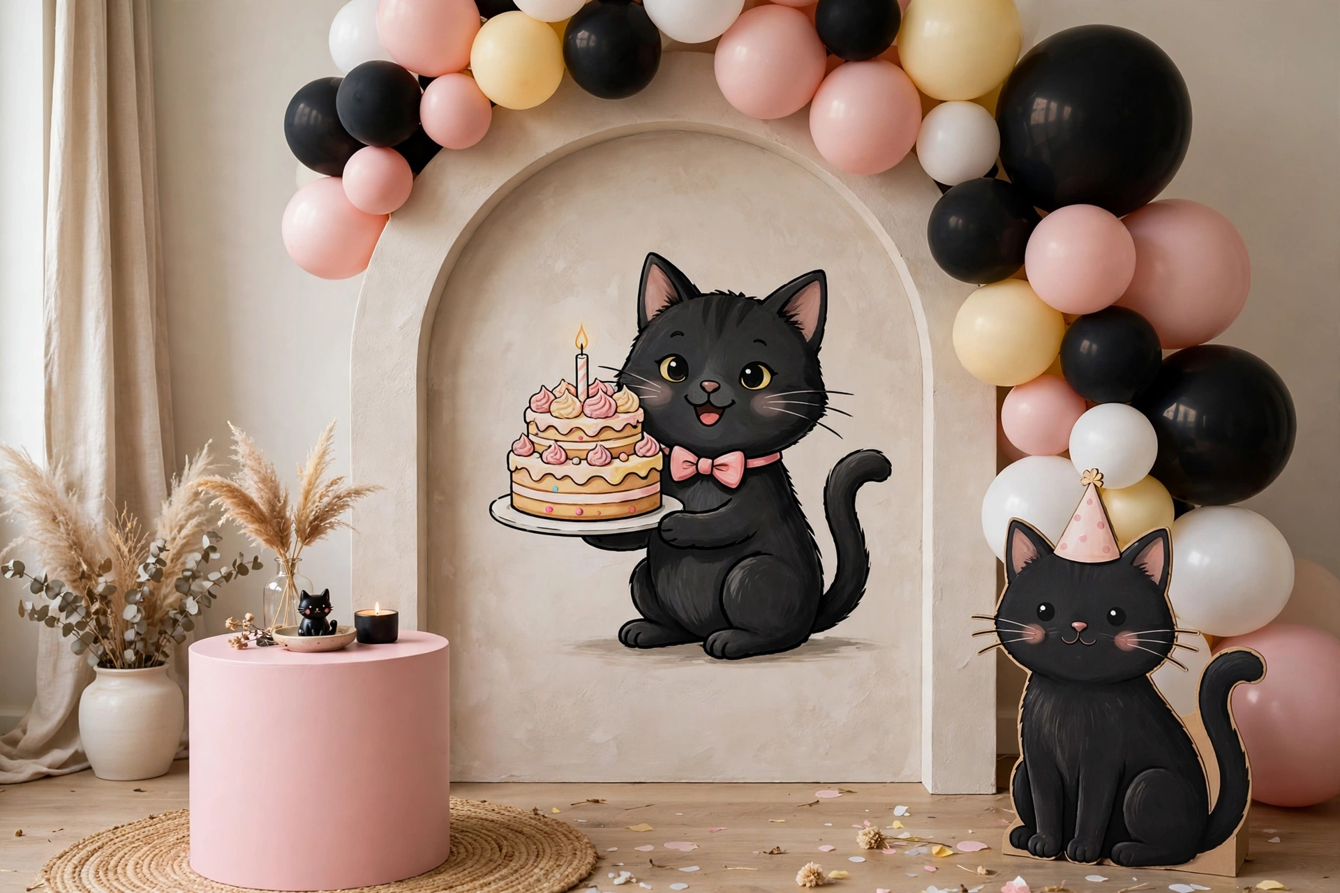 Black cat themed birthday setup with black and pink balloons