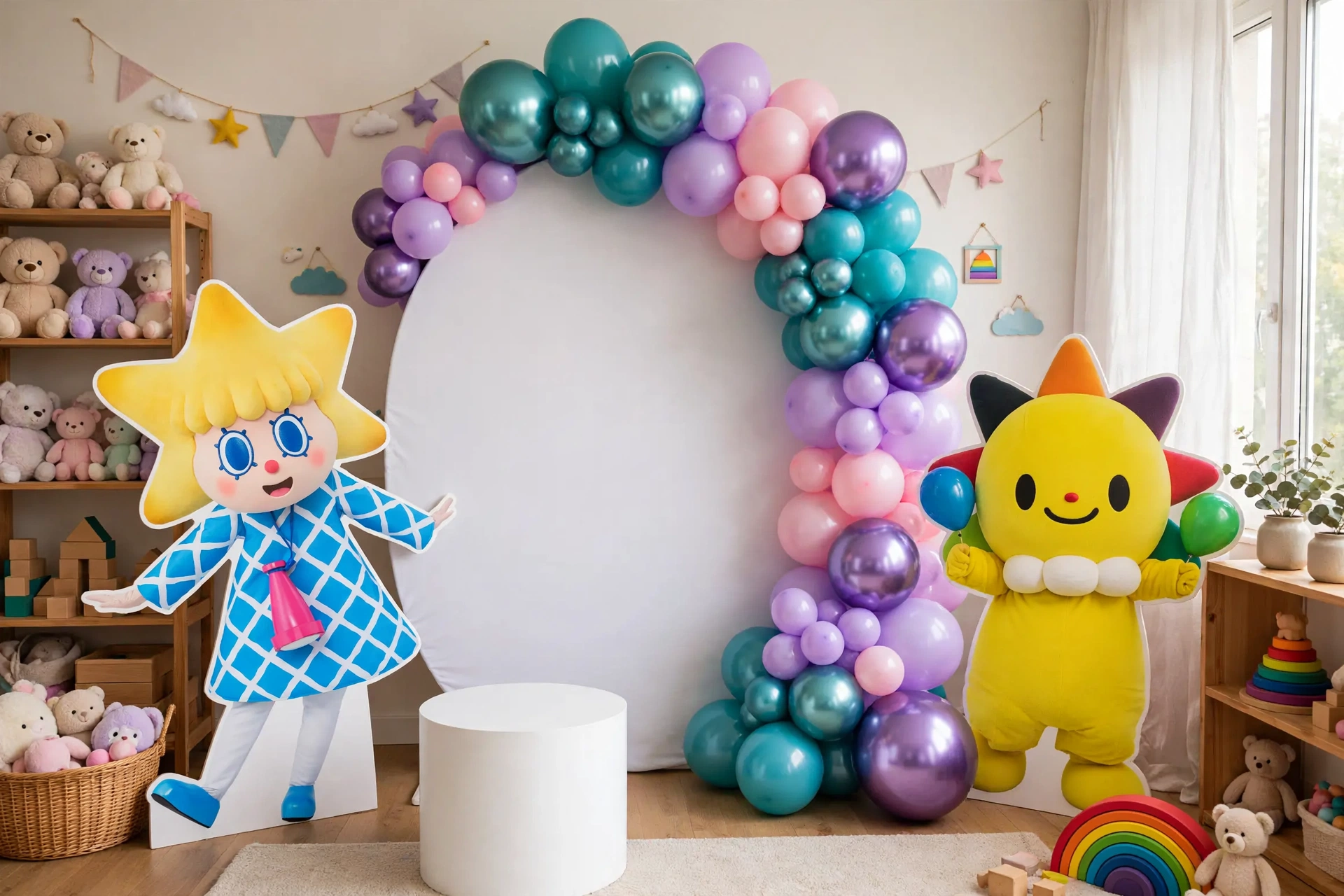 Cartoon character balloon arch birthday backdrop