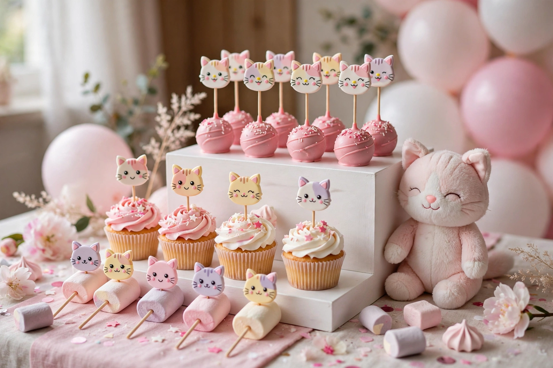 Cat themed dessert table with cake pops and cupcakes