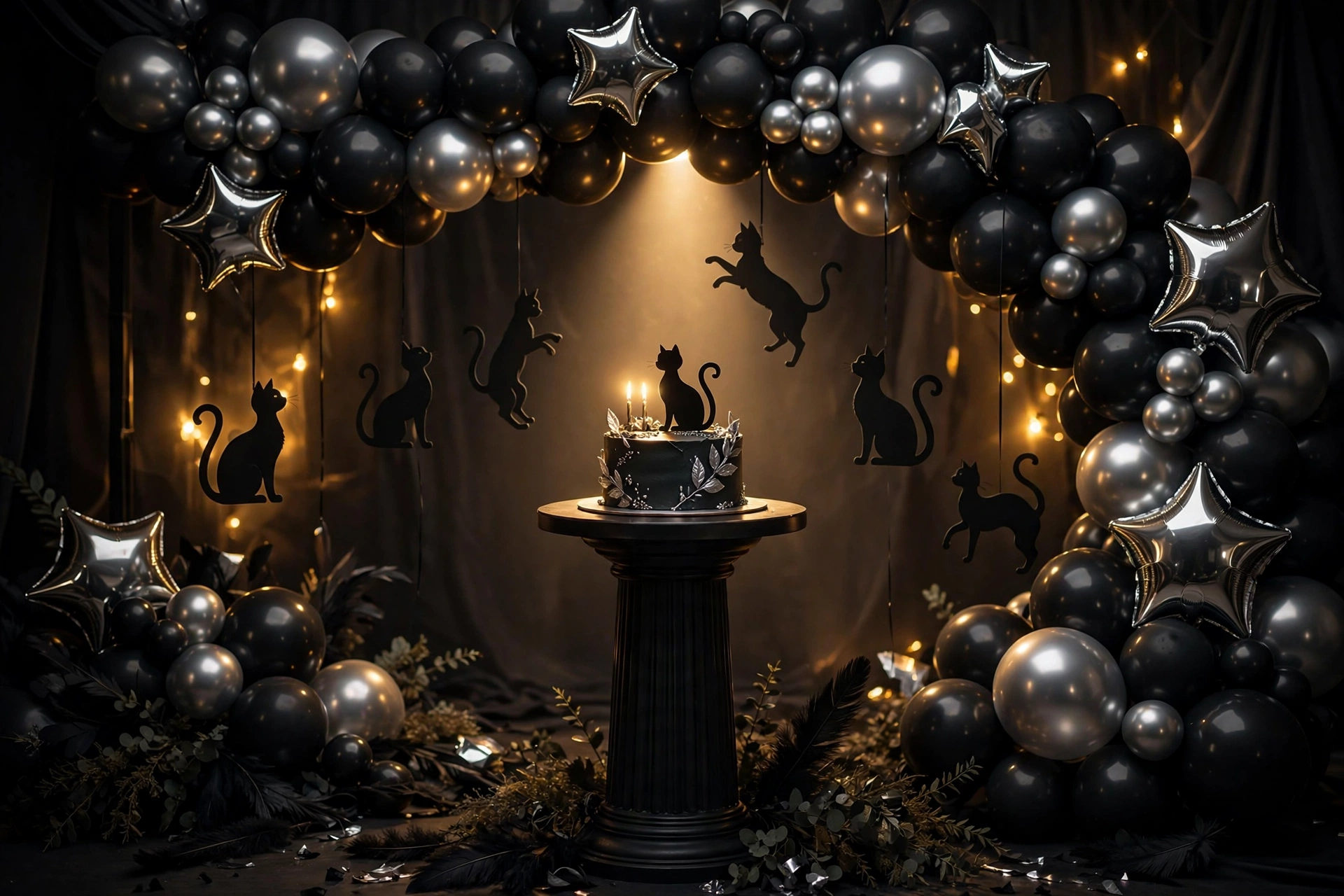 Black and silver birthday photo backdrop with spotlighted cake
