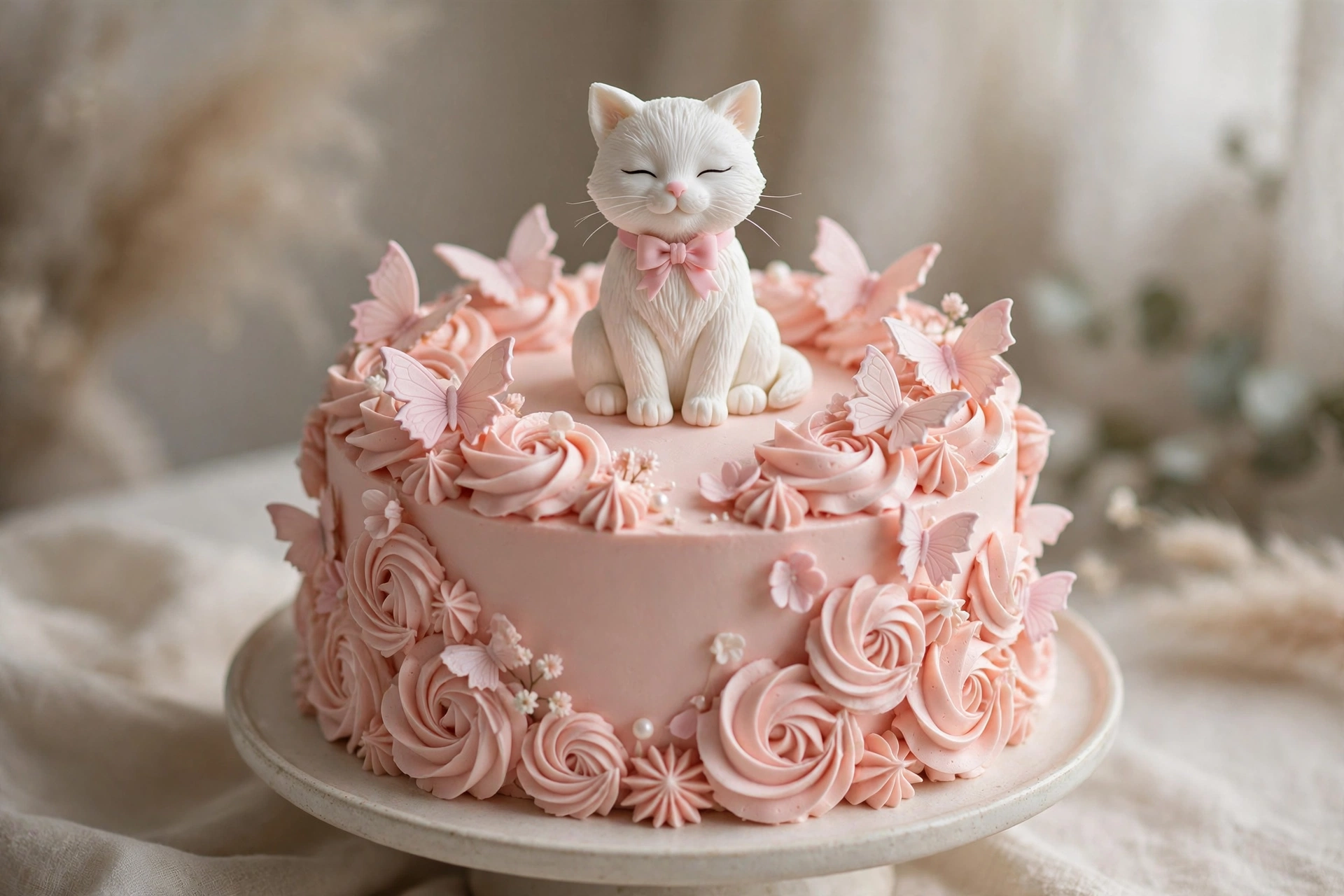 White fondant cat figurine with a pink bow sitting on a pink rosette cake