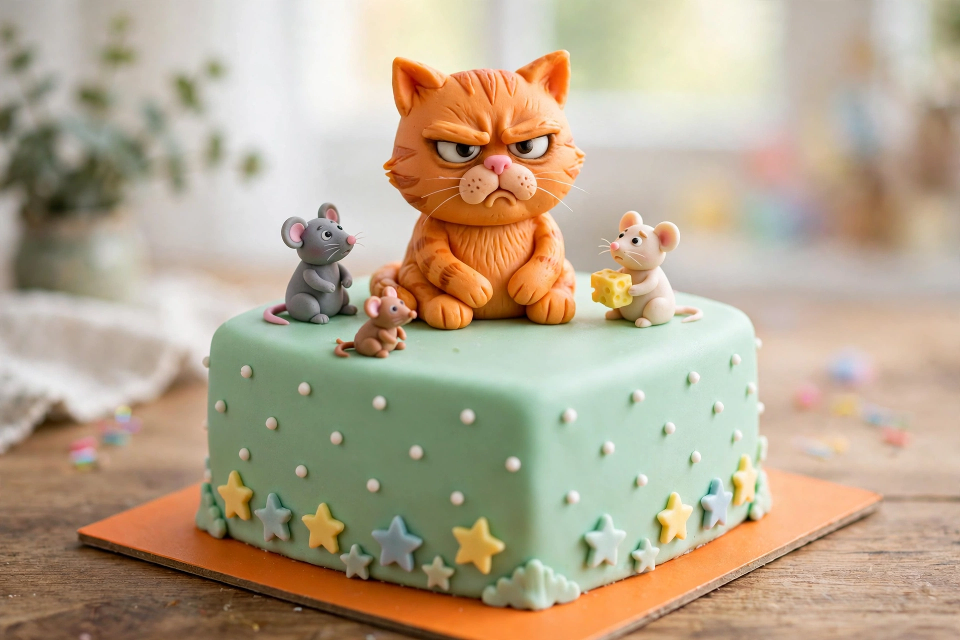 Funny grumpy-faced cat fondant topper on a mint green birthday cake