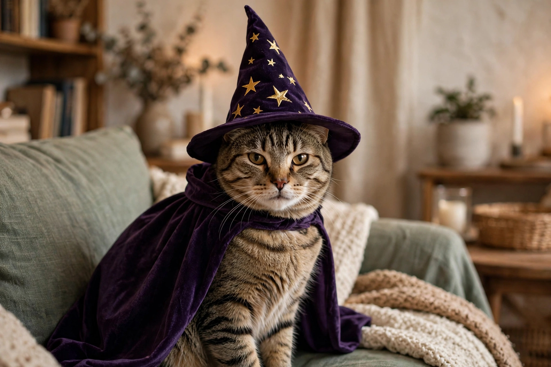 Cat wearing a wizard cape and hat costume