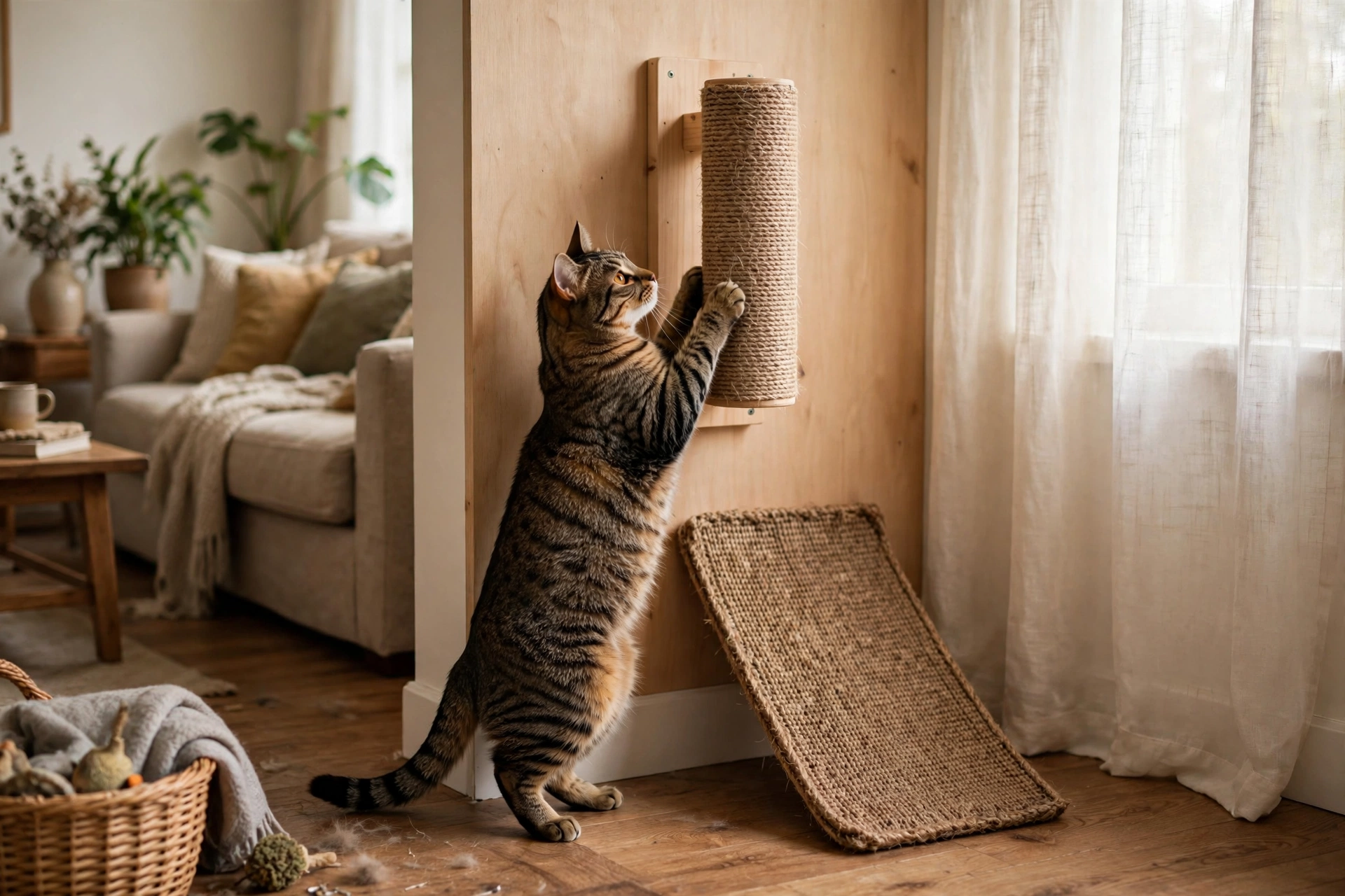 Tabby cat scratching a wall-mounted sisal rope post with an angled scratch mat at its base