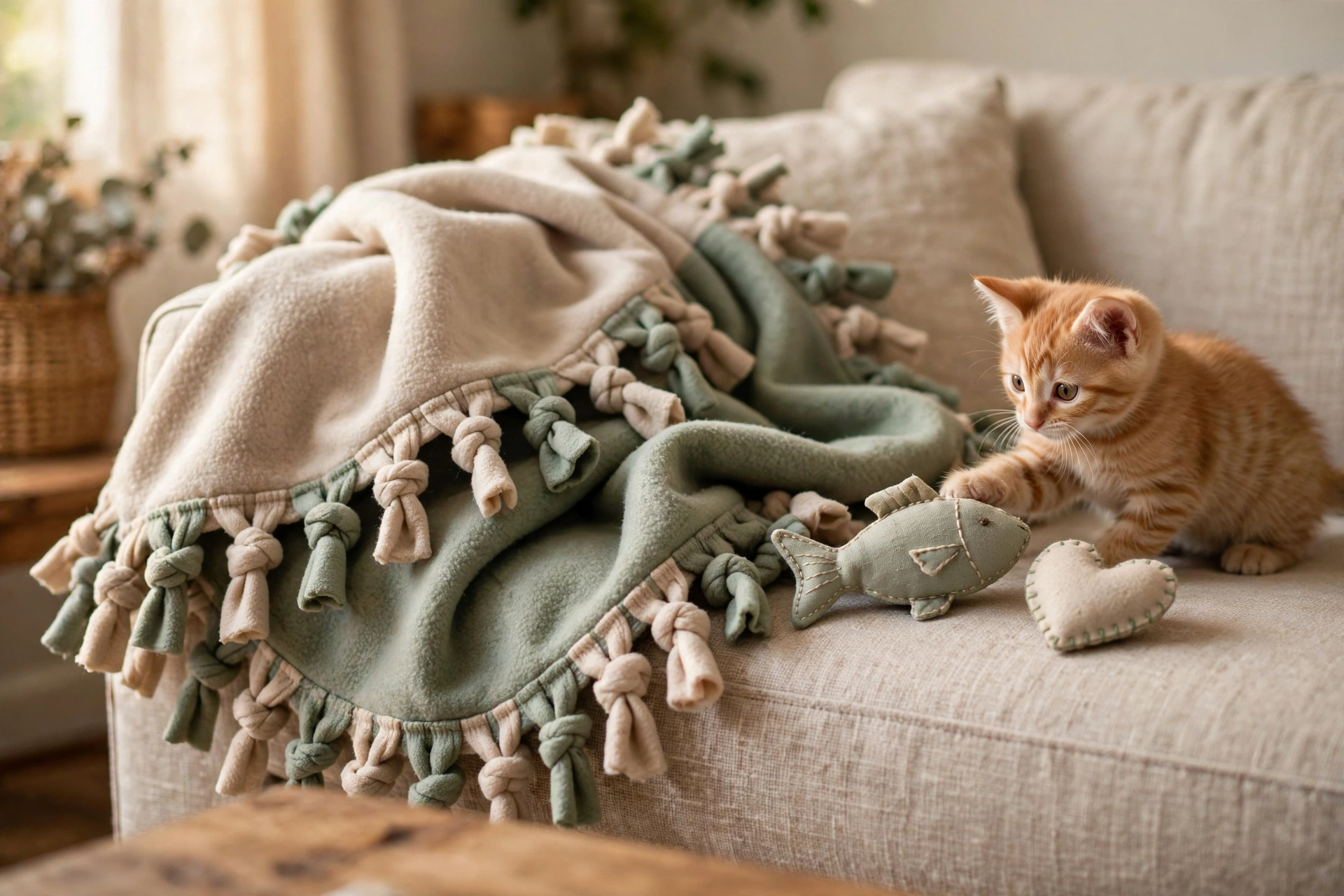 No-sew fleece blanket with knotted fringe beside two handmade catnip toys on a couch