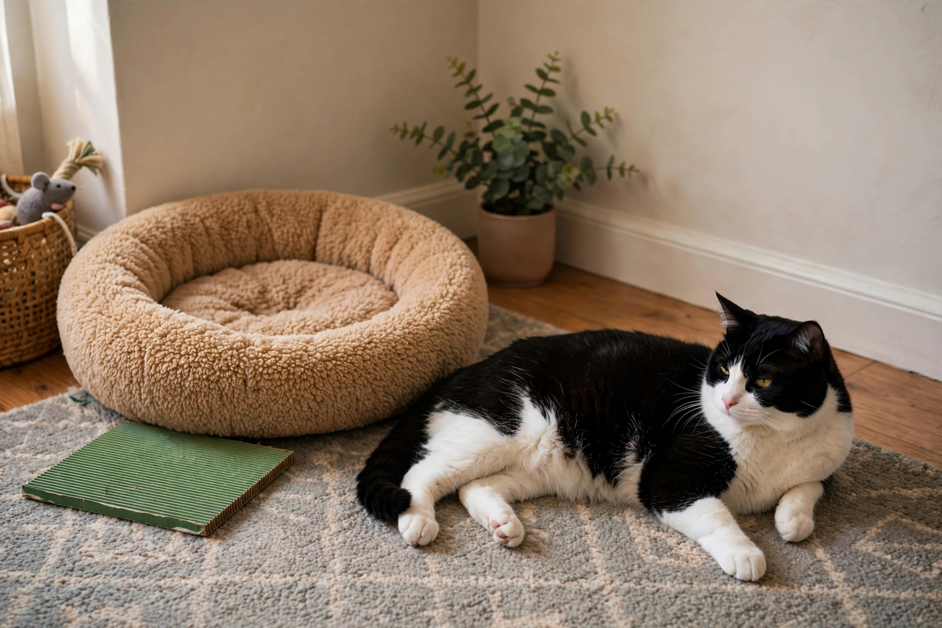 Round tan sherpa donut cat bed in a room corner with a cardboard scratch pad