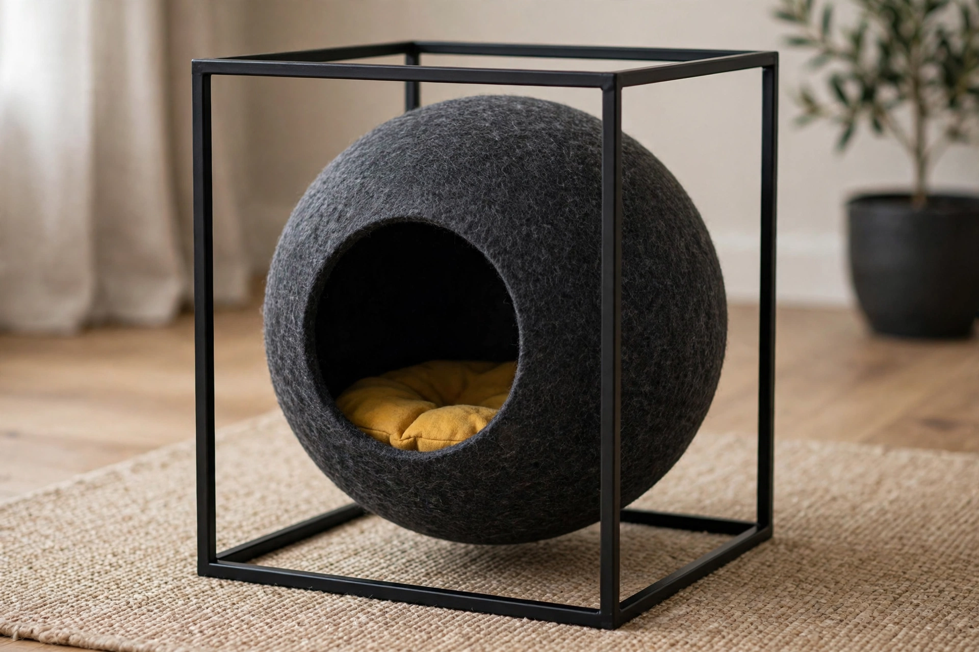 Dark felt sphere cat pod with circular entrance inside a black steel cube frame