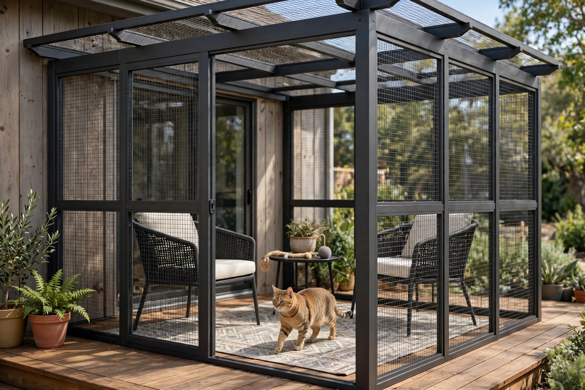 Pergola-style cat patio enclosure with wire mesh panels on a wooden deck