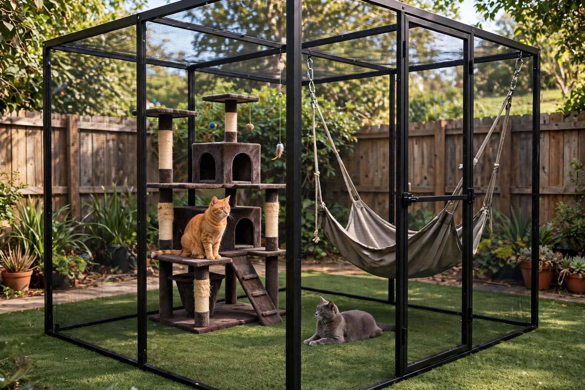 Cube-shaped steel frame catio with cat tree and hammock inside