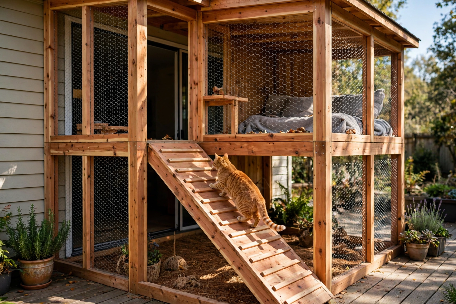 Two-story wooden catio with interior ramp and chicken wire sides