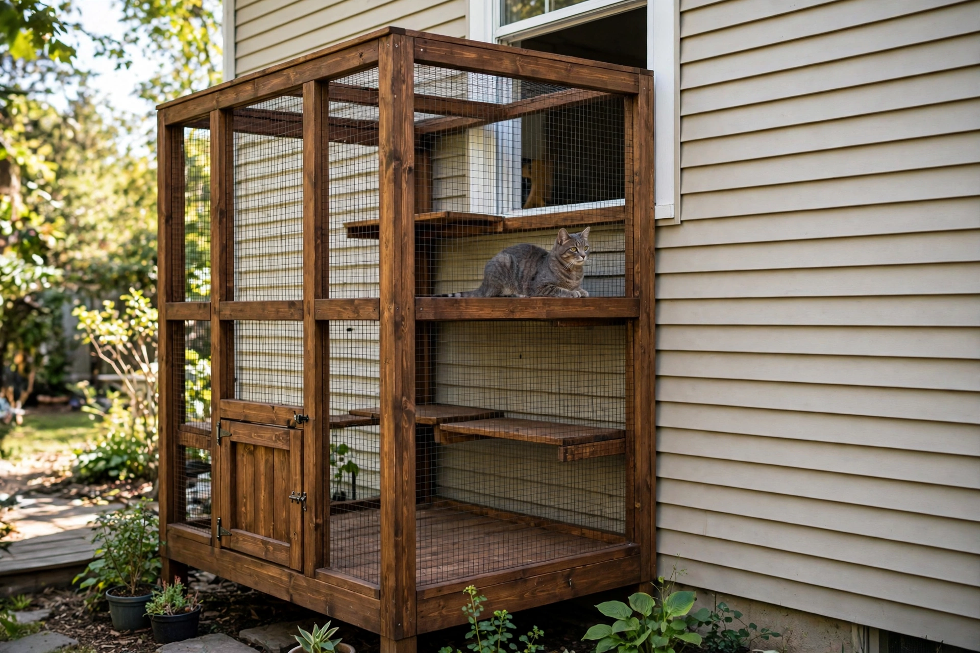 Tall wooden catio attached to a house window with access door