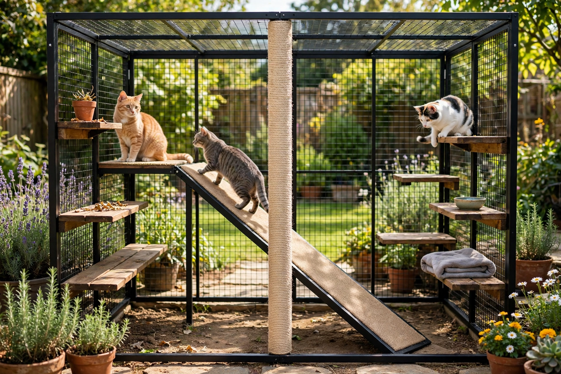 Dual-section catio with staggered shelves and staircase ramp