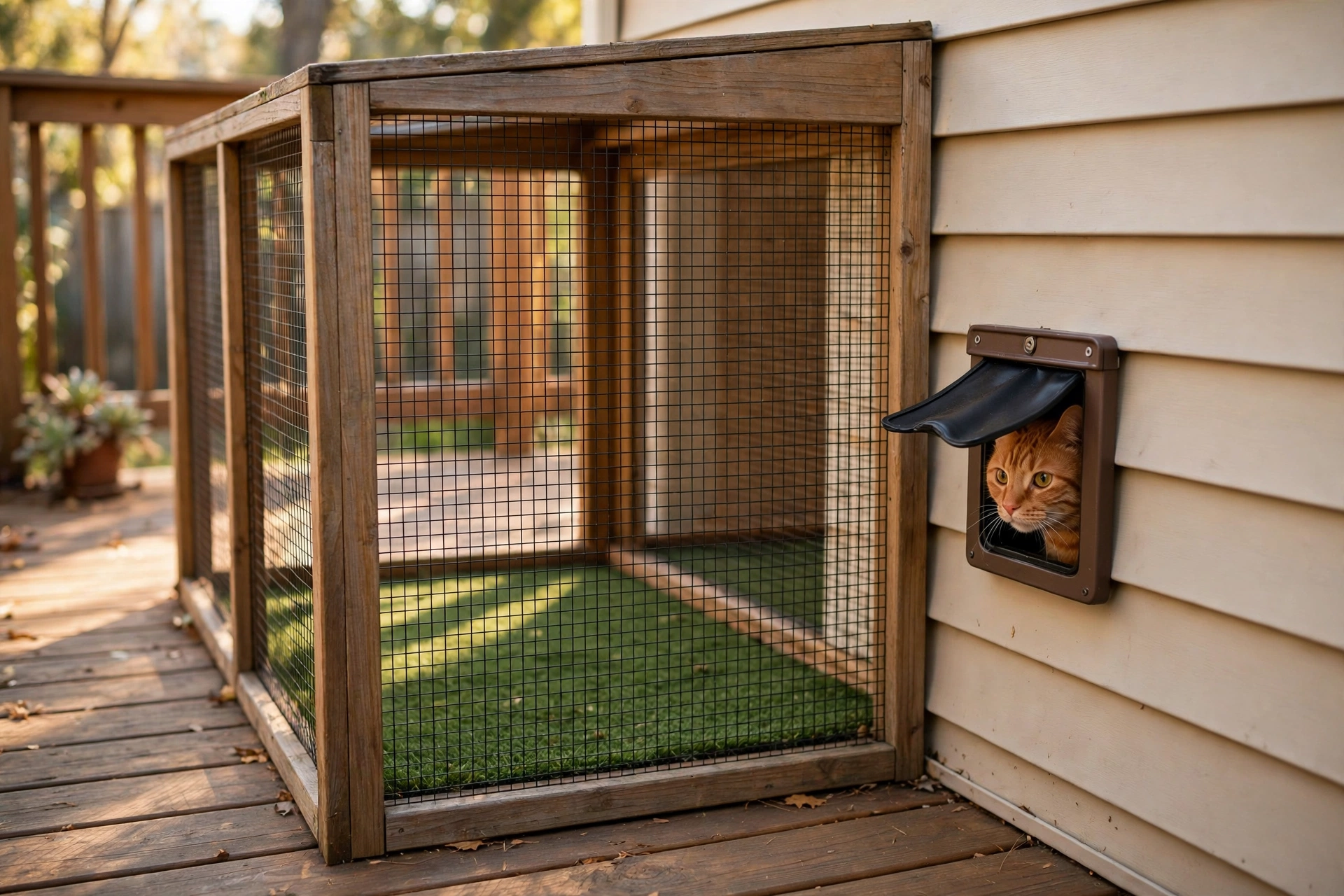 Corner deck cat enclosure connected to a house wall through a cat flap door