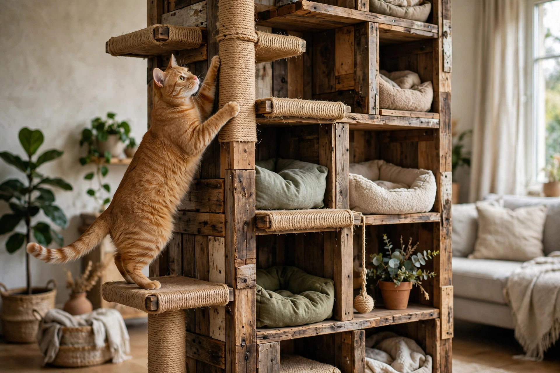 Upcycled wooden bookshelf converted into a cat climbing tower with cushions