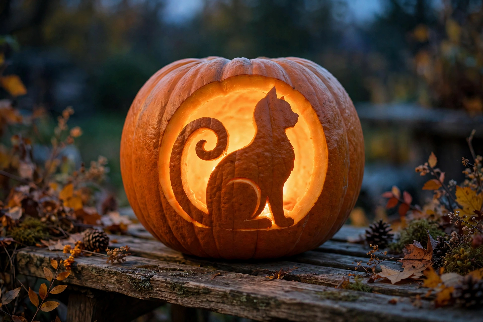 Sitting cat with curled tail silhouette carved into a glowing pumpkin