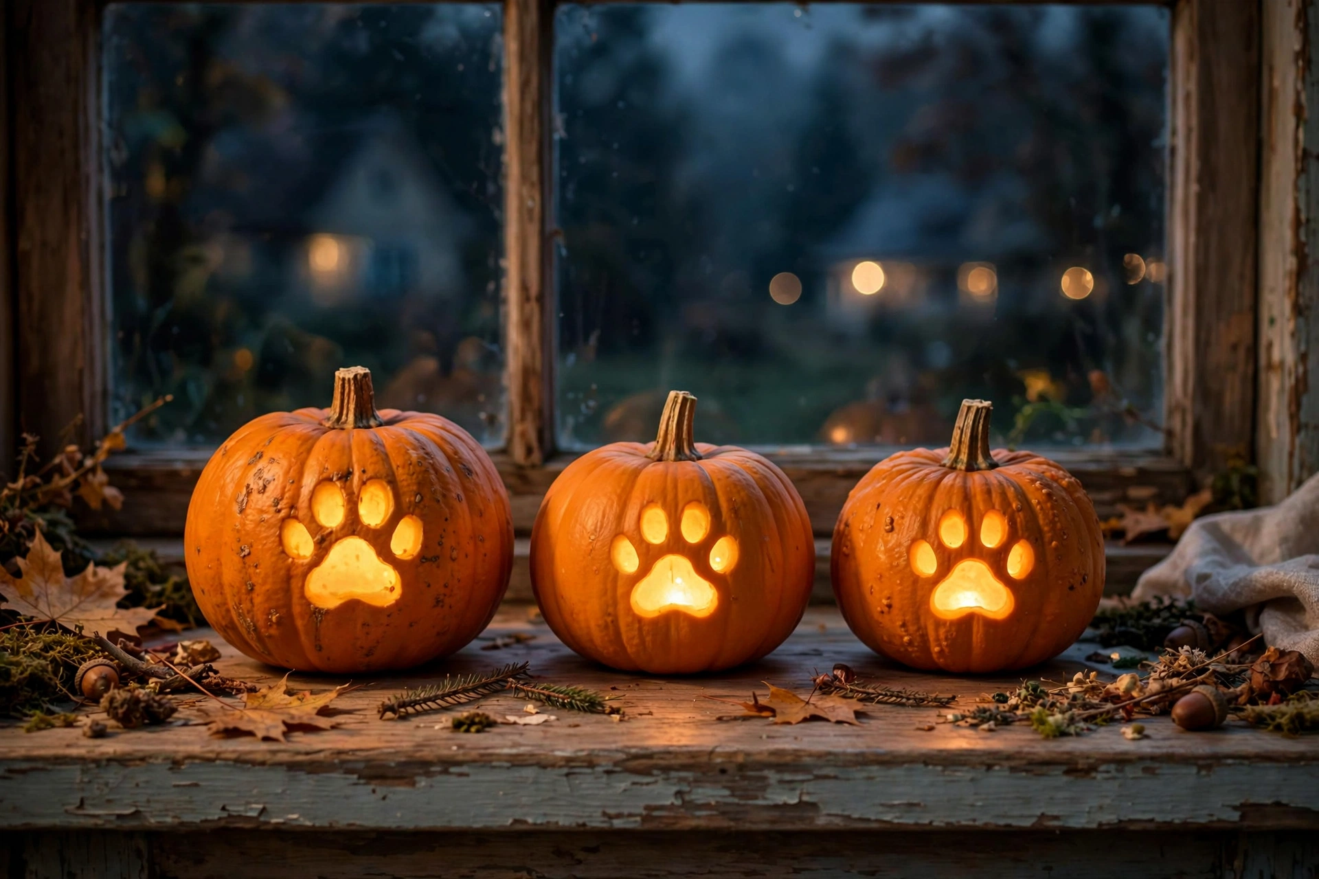 Three small pumpkins each carved with a glowing cat paw print