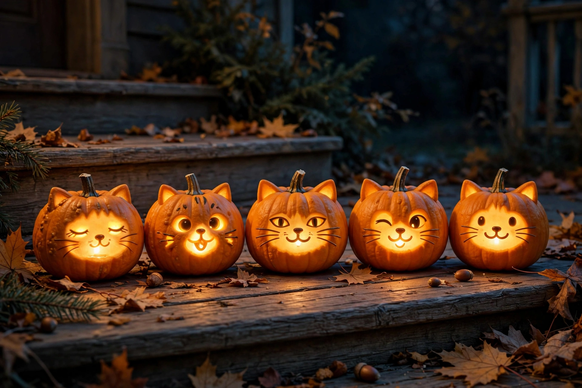 Row of mini pumpkins each carved with a tiny glowing cat face