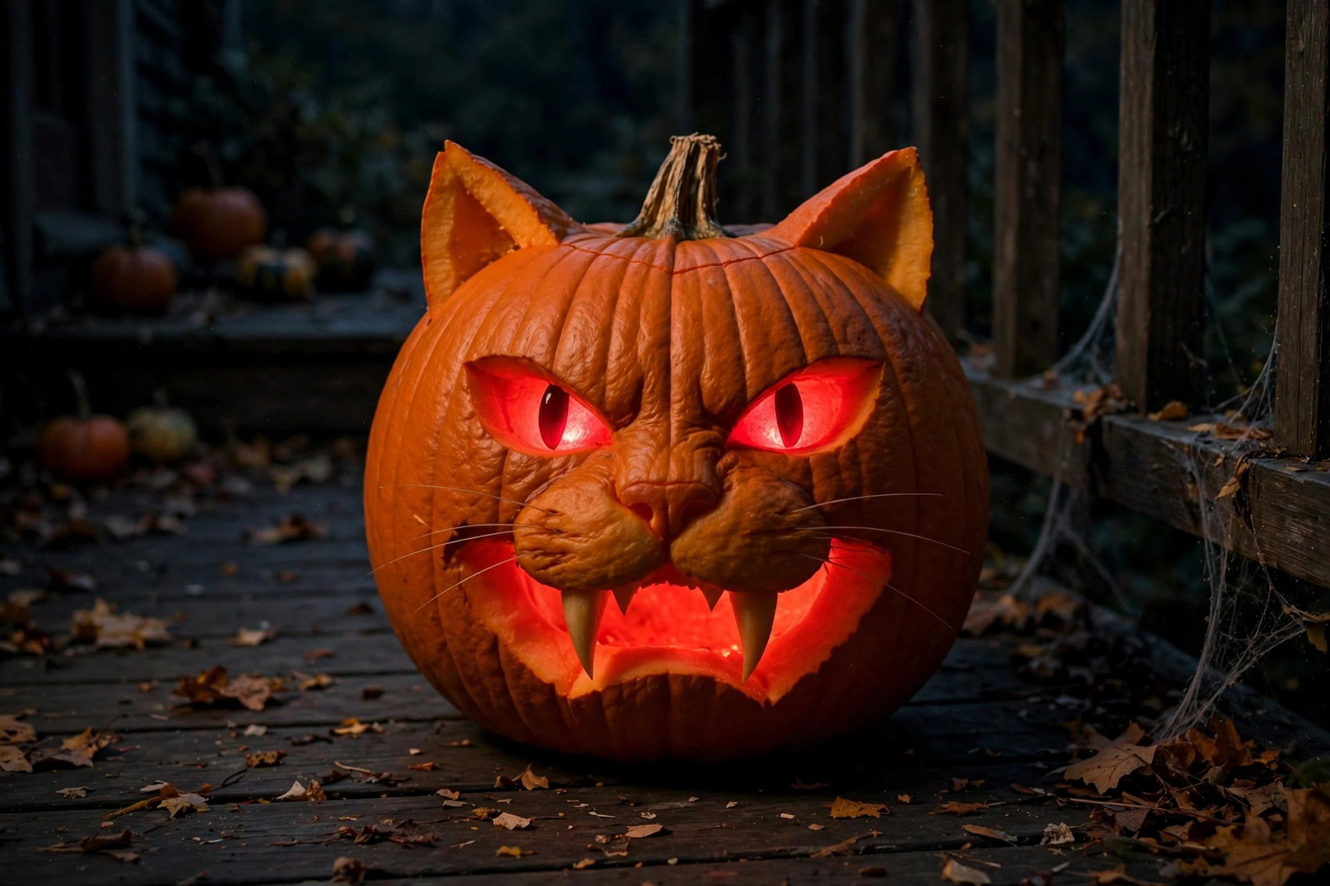 Vampire cat with fangs carved into a glowing pumpkin