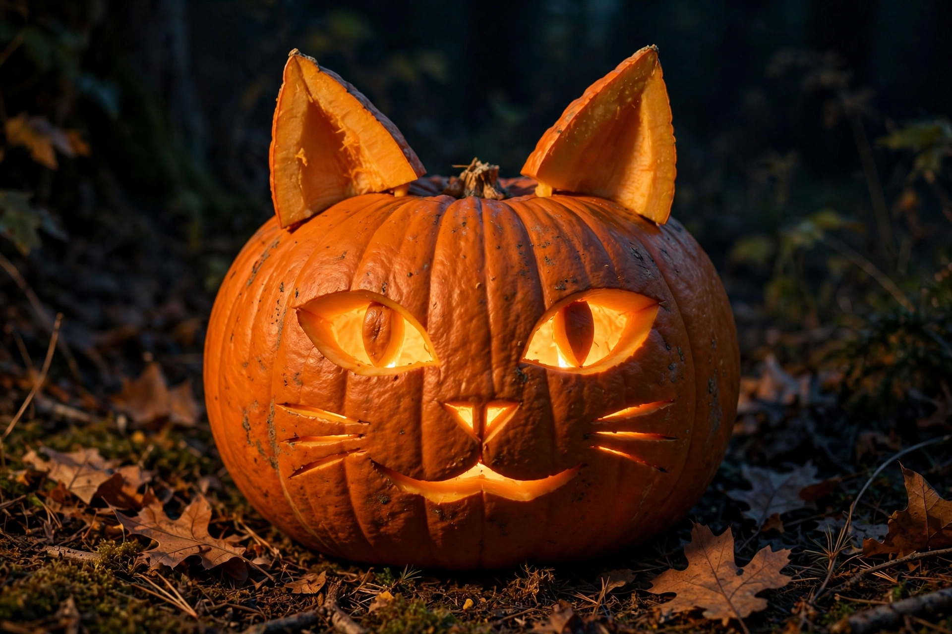 Cat face pumpkin with 3D ears cut from its own flesh propped on top