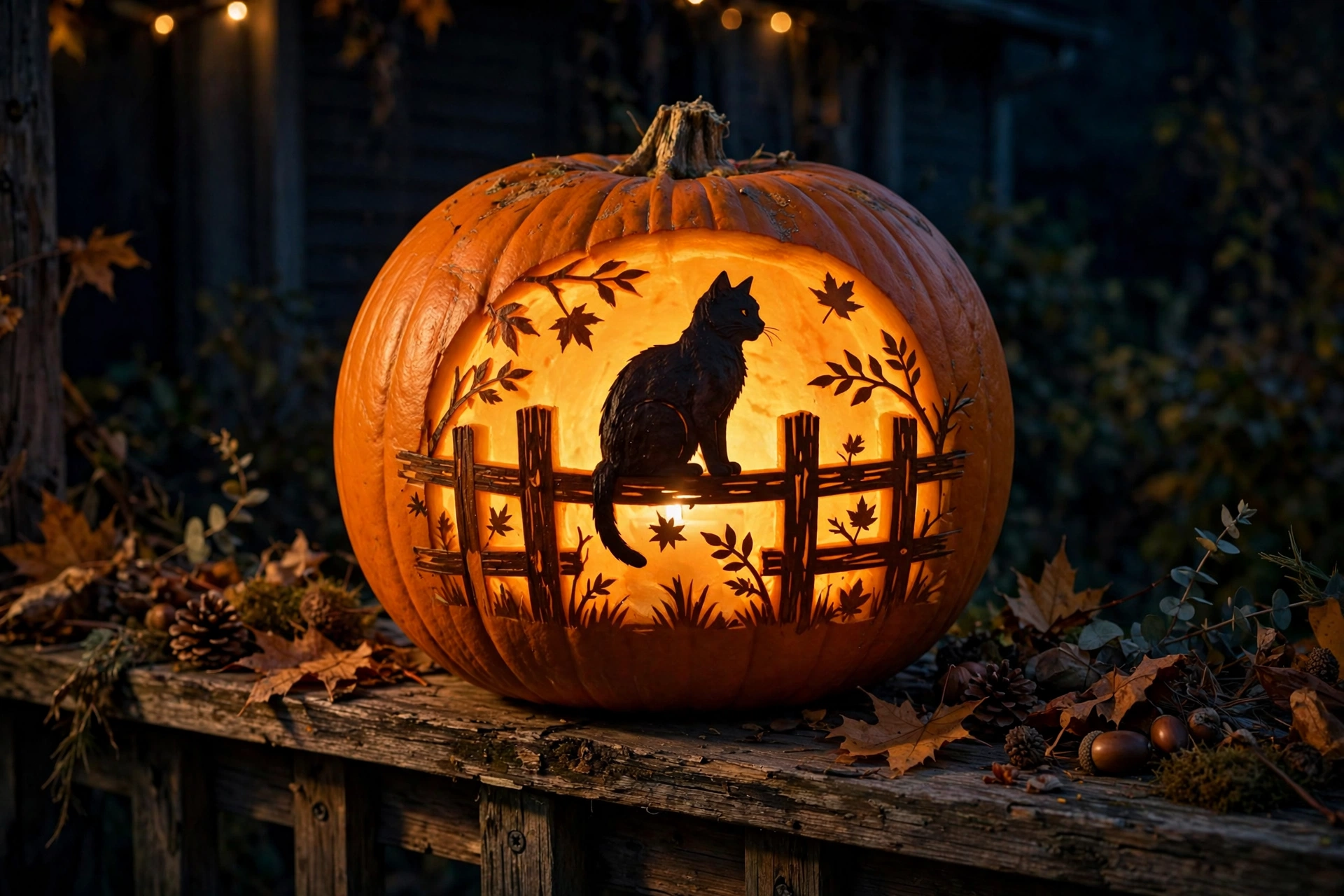 Black cat on a fence silhouette carved into a glowing porch pumpkin