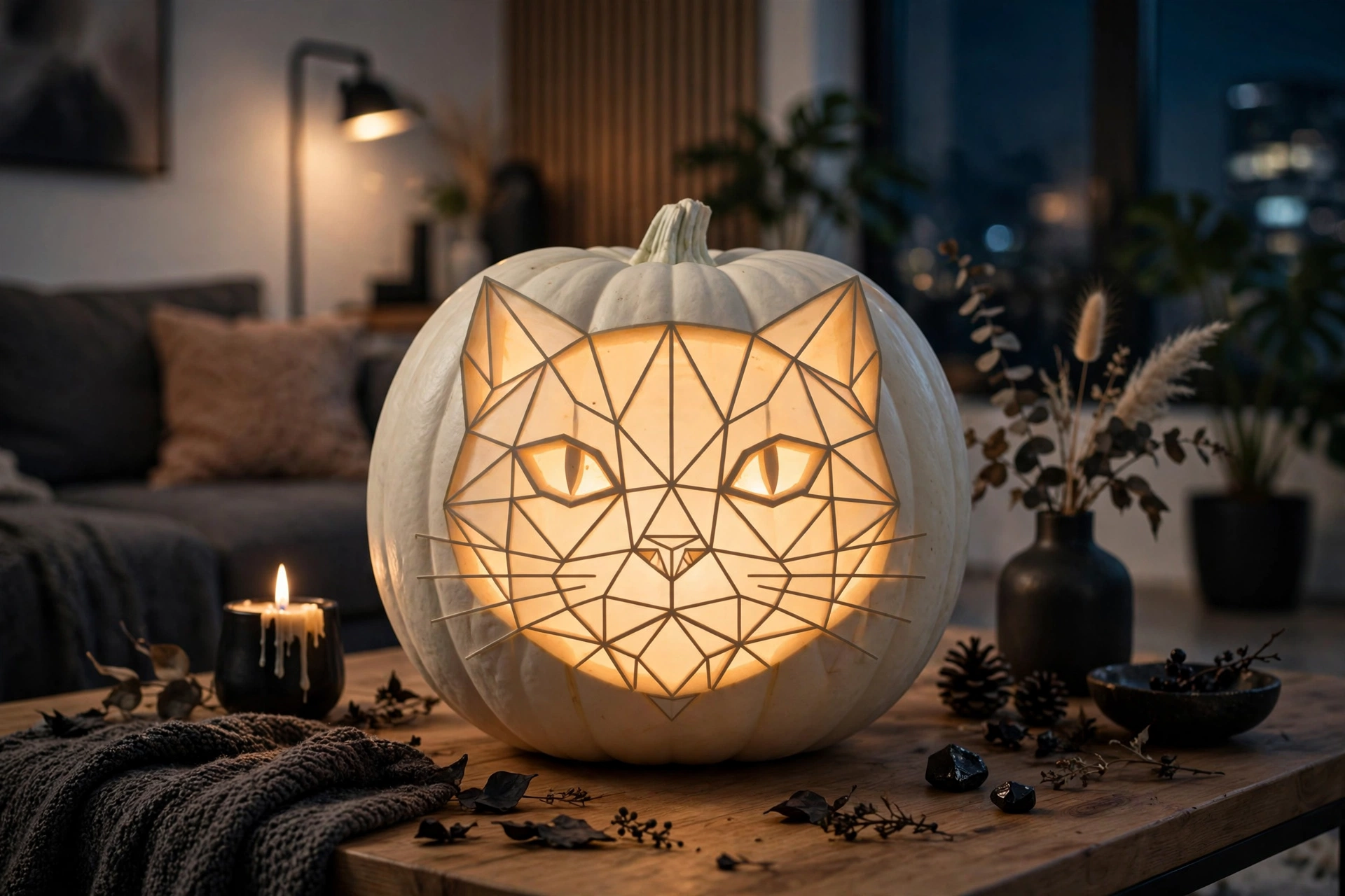 Geometric line-art cat face carved into a glowing white pumpkin