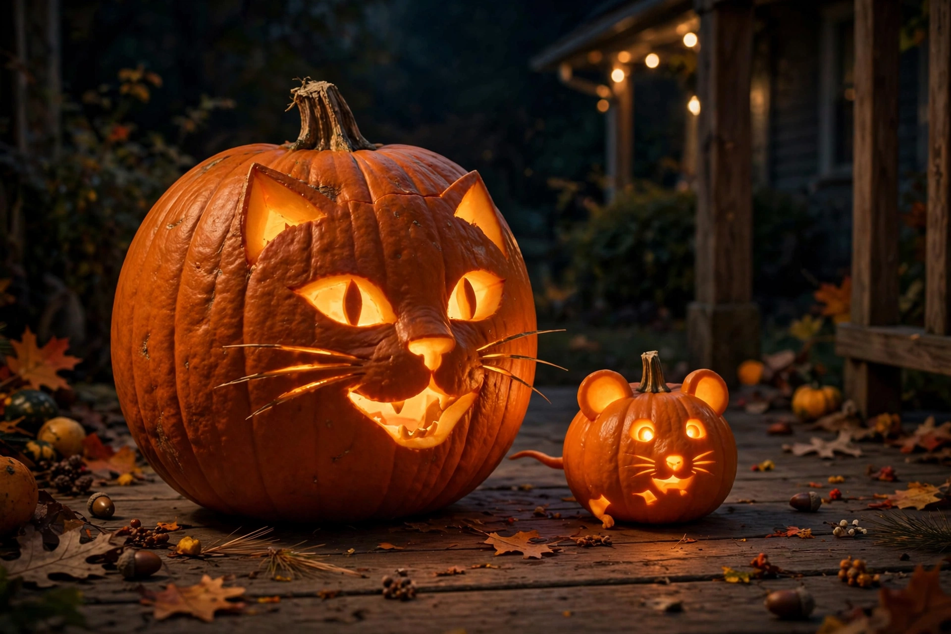 Two glowing pumpkins carved with a cat chasing a mouse scene