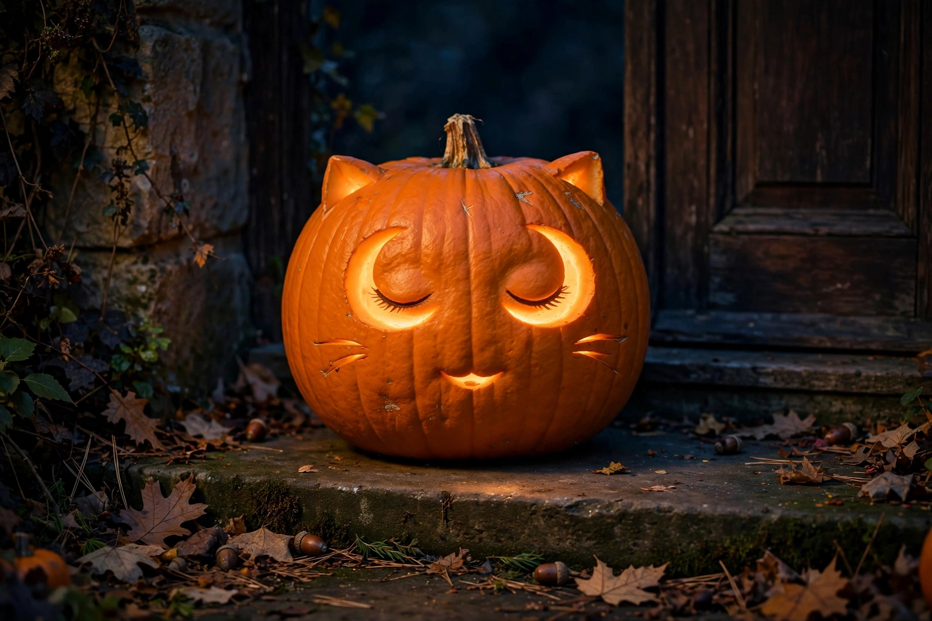 Sleepy crescent-eyed cat face carved into a glowing pumpkin