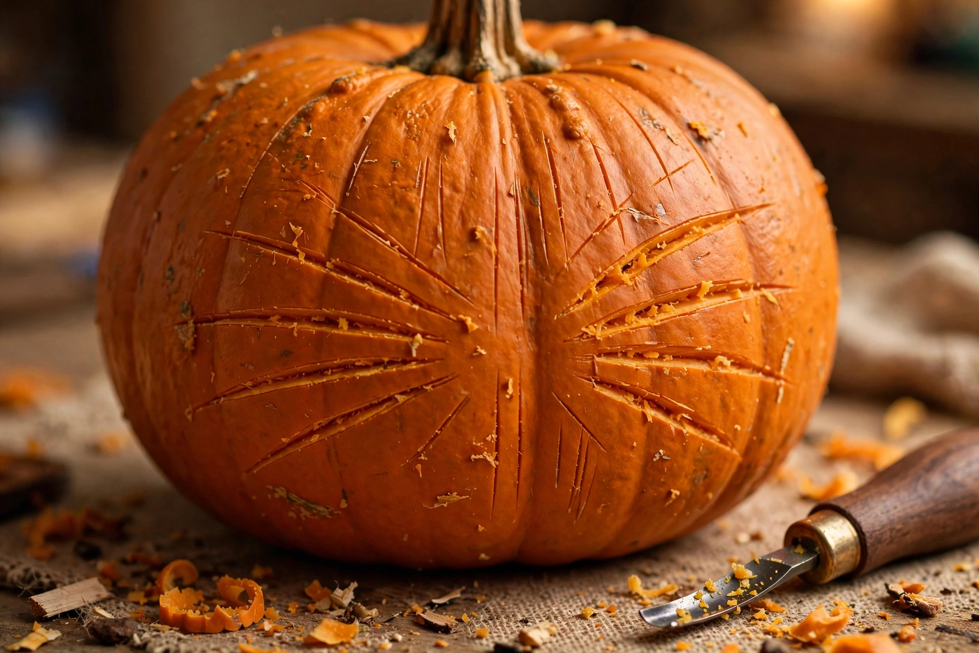 Close-up of finely etched whisker lines on a carved pumpkin