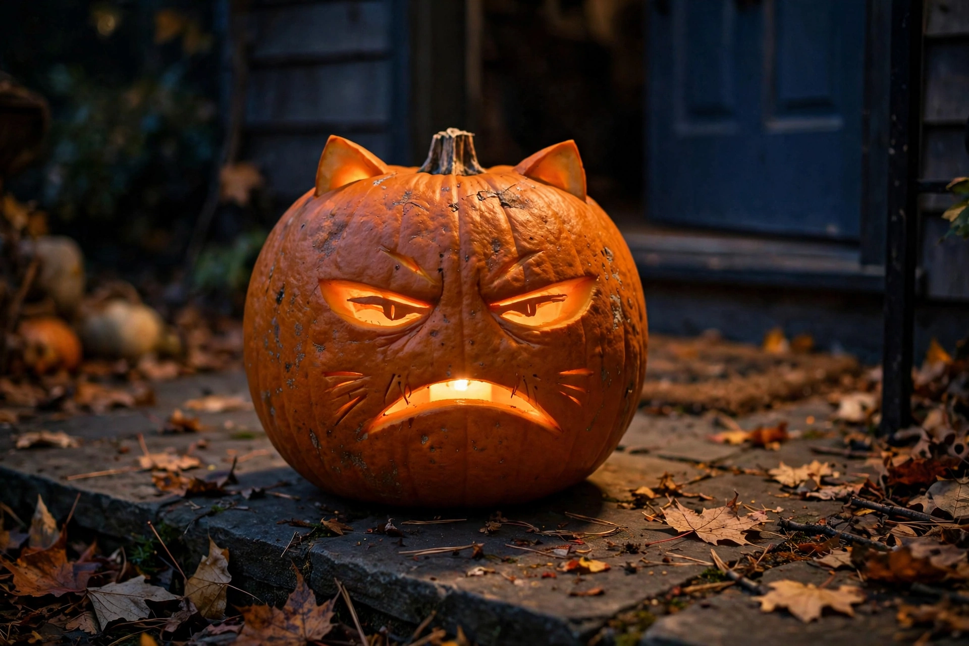 Grumpy gremlin cat face carved into a glowing pumpkin