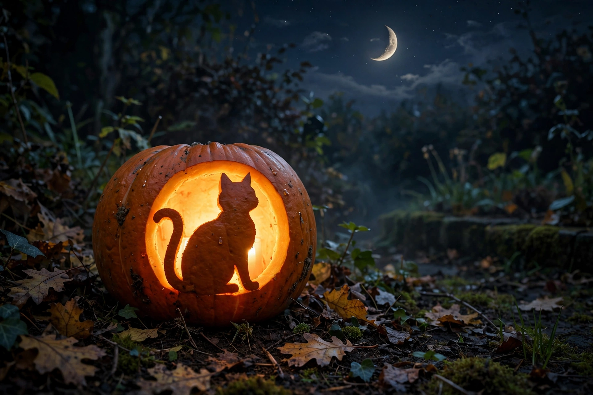 Cat silhouette with crescent moon carved into a glowing pumpkin at night