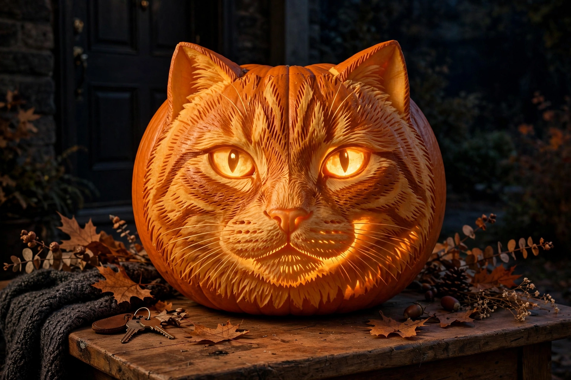 Detailed carved cat portrait glowing on a large pumpkin