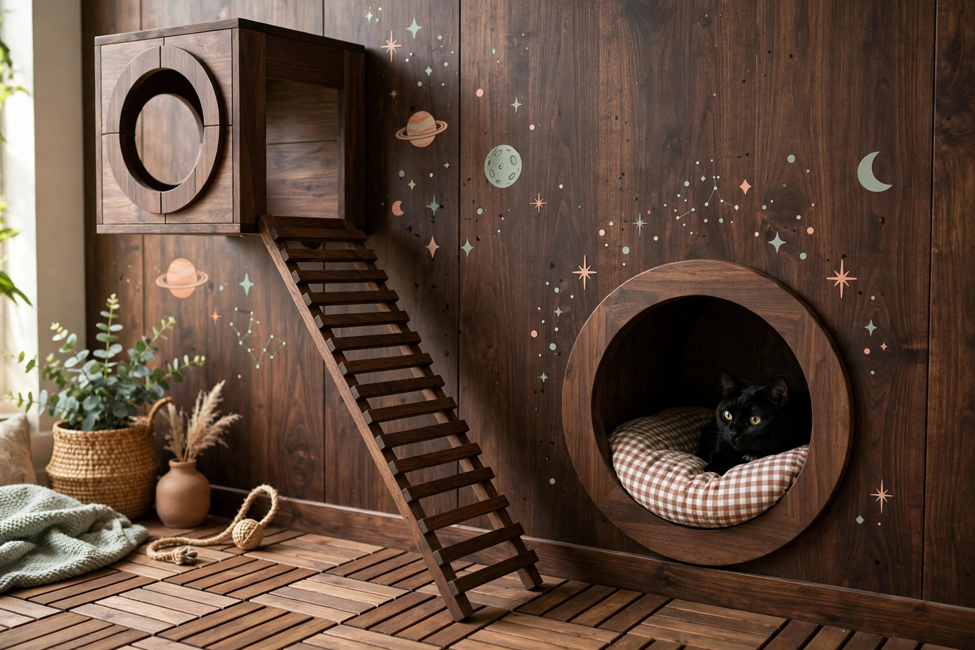 Wooden cat nook with walnut cat tree, porthole cubby, space decals, and deck tiles