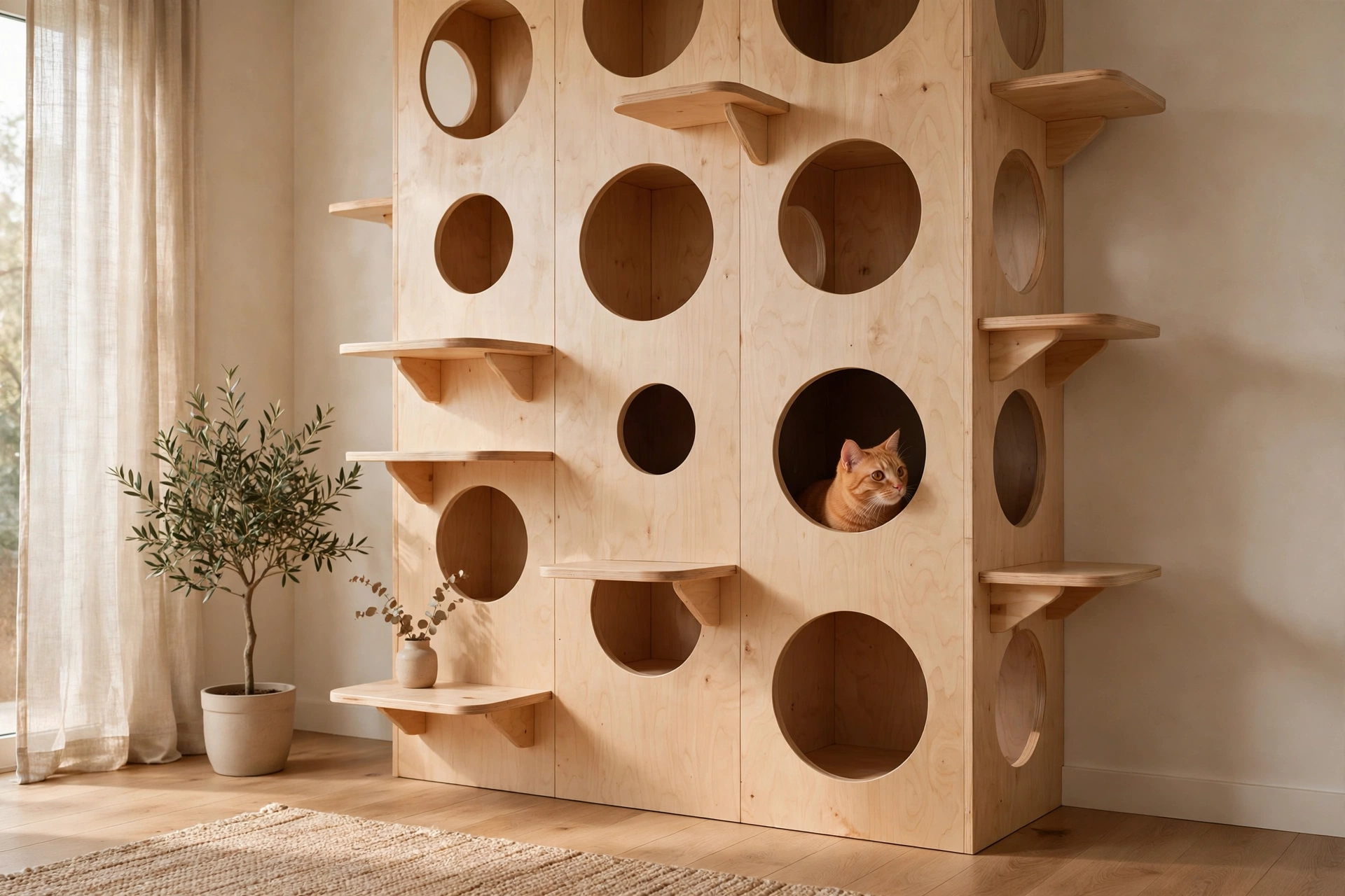 Built-in floor-to-ceiling wooden cat tower with circular tunnel cutouts and wall shelves