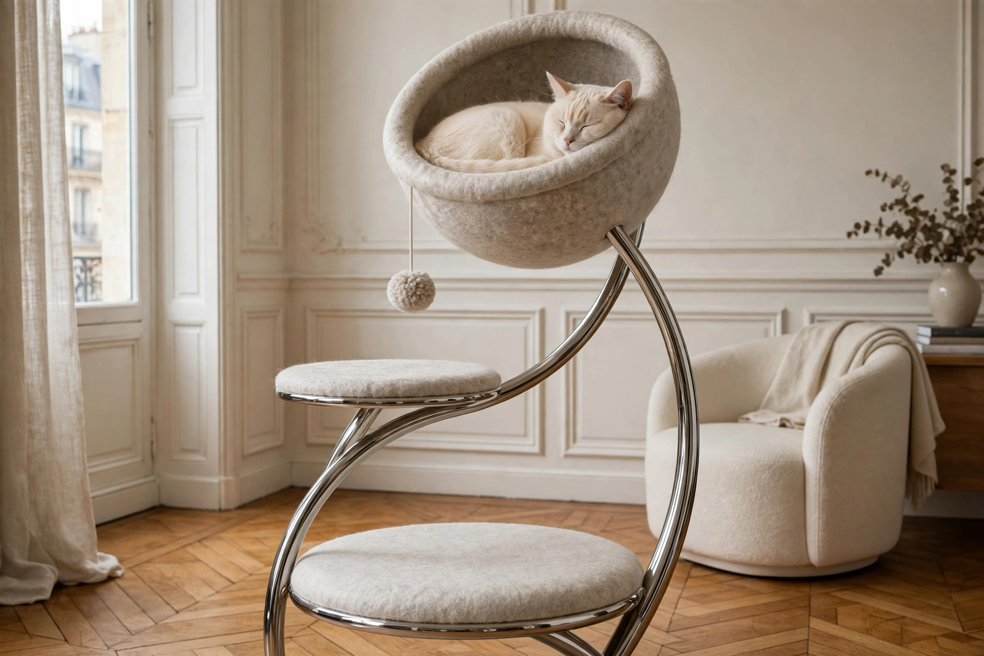 Elegant sculptural cat tree with chrome legs and wool felt perches in a chic living room