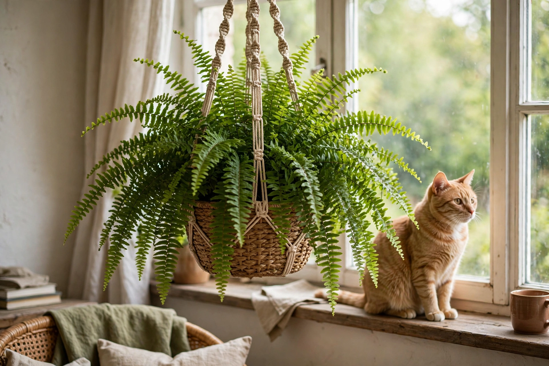 Boston fern in a hanging basket with a cat nearby