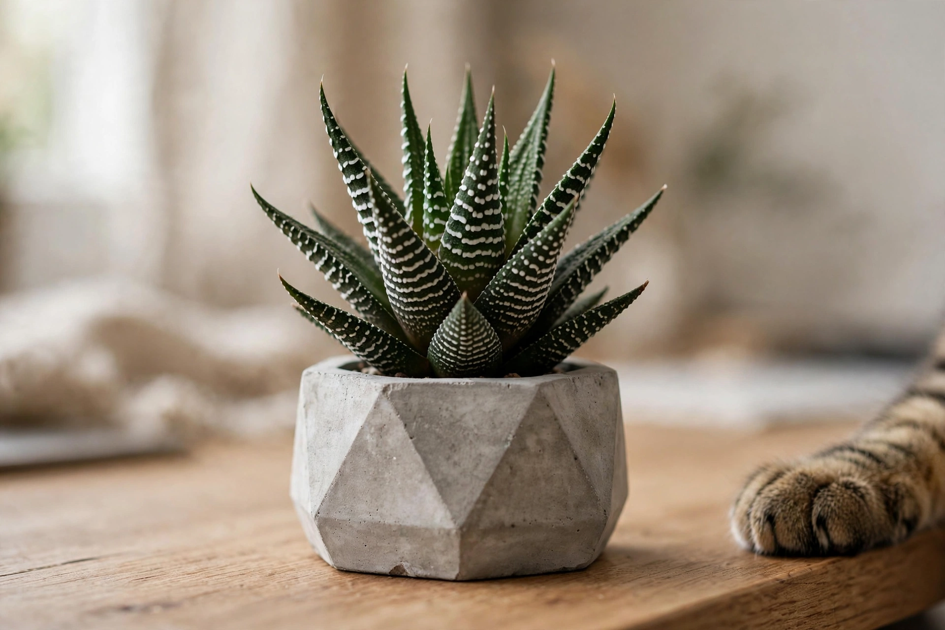 Zebra haworthia succulent in a concrete pot on a desk
