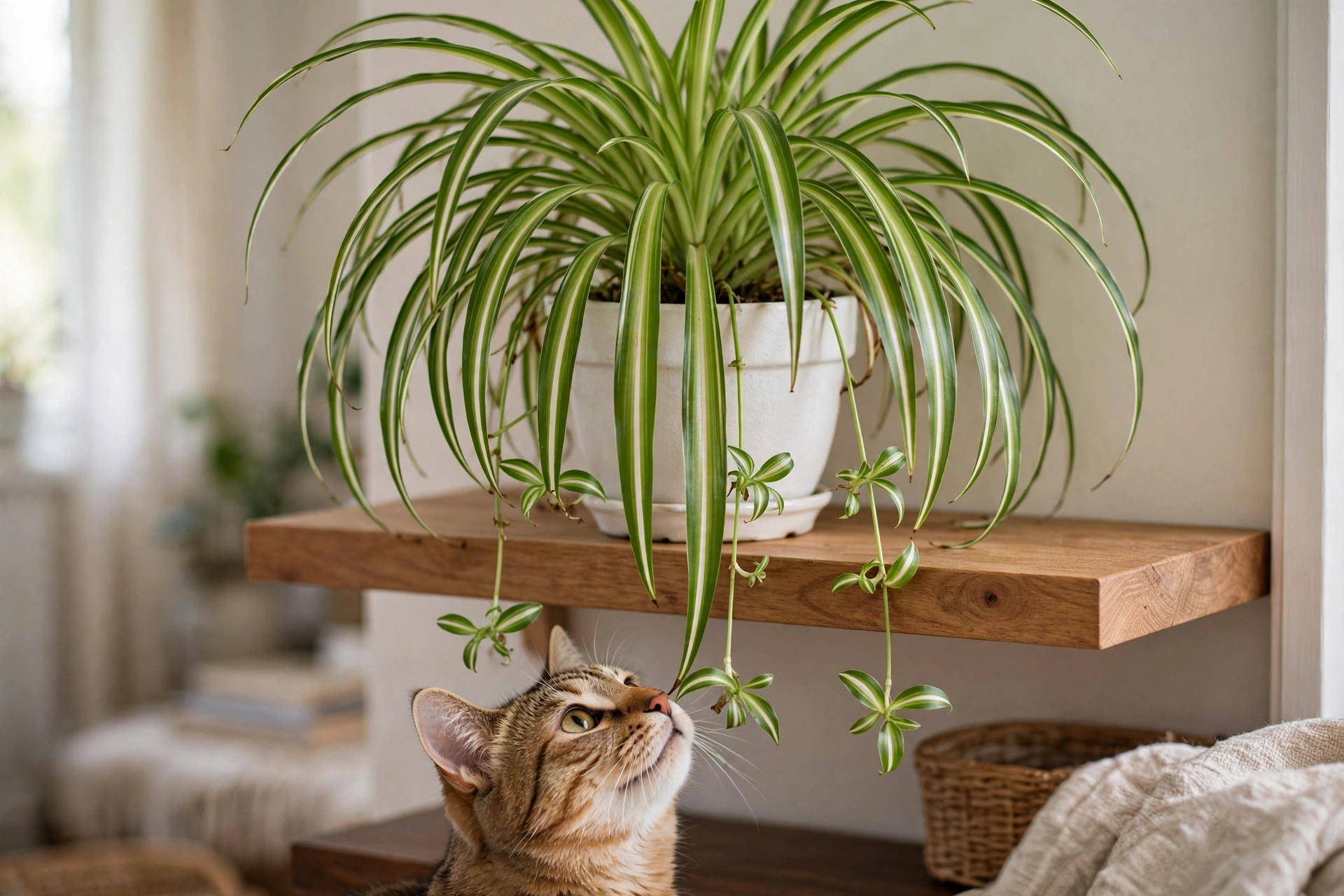 Spider plant in a white pot with a cat sniffing the leaves