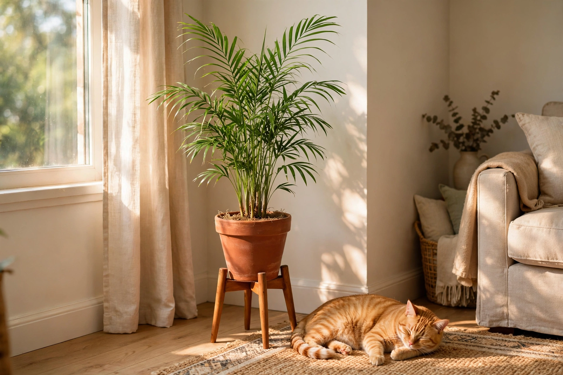 Parlor palm in a terracotta pot with a cat lounging beside it