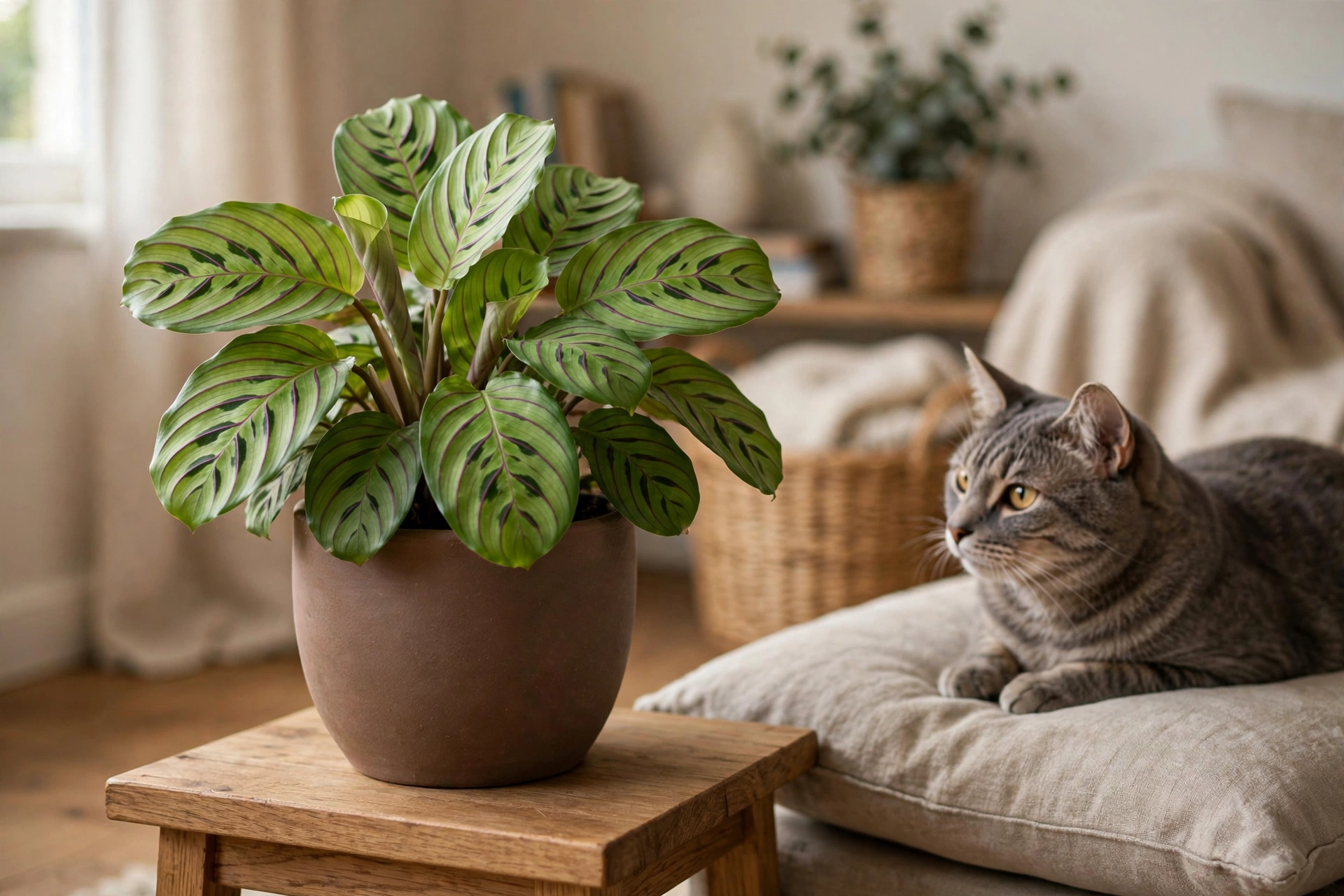 Prayer plant with patterned leaves and a cat nearby