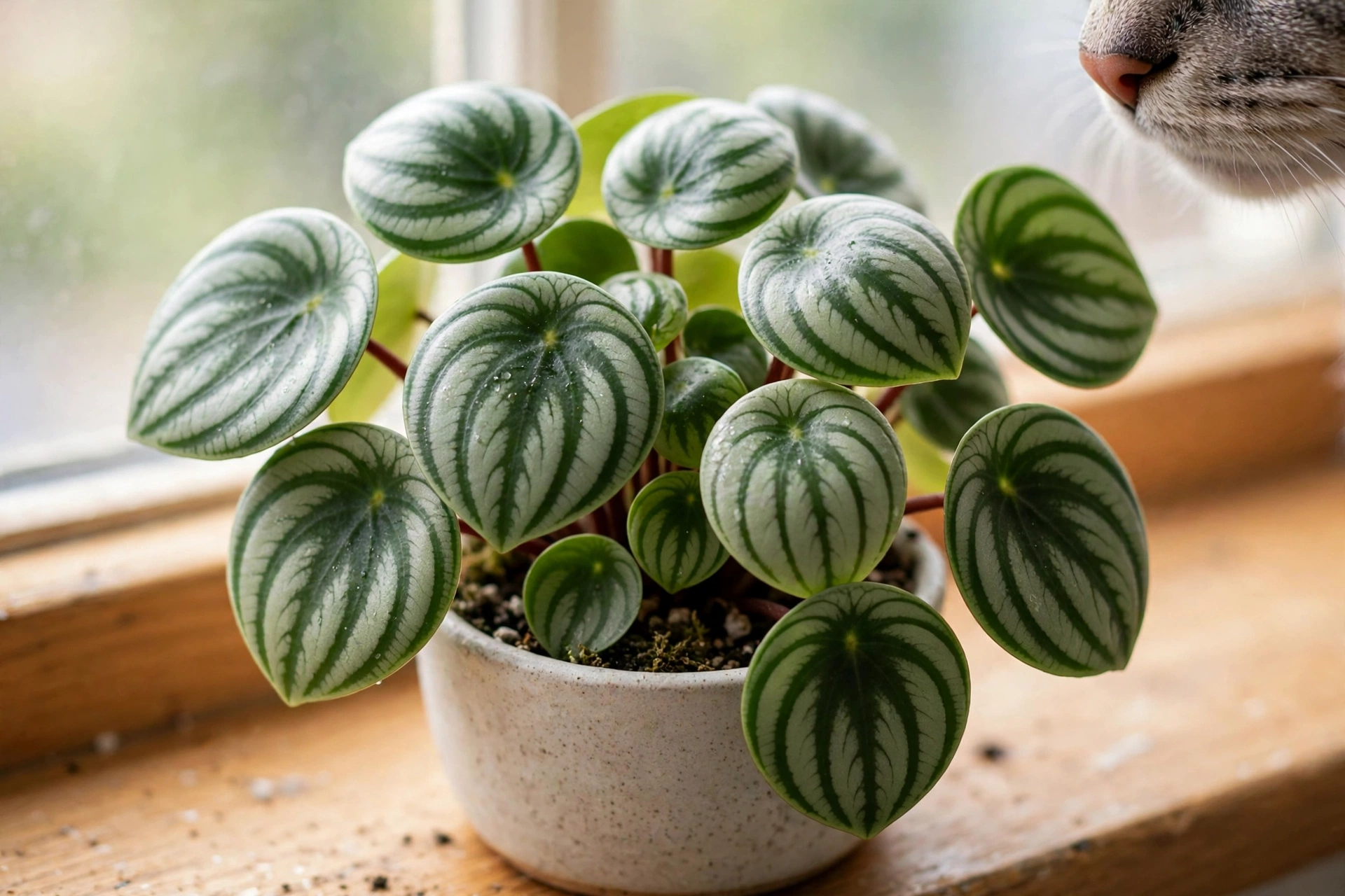 Watermelon peperomia with striped round leaves on a windowsill