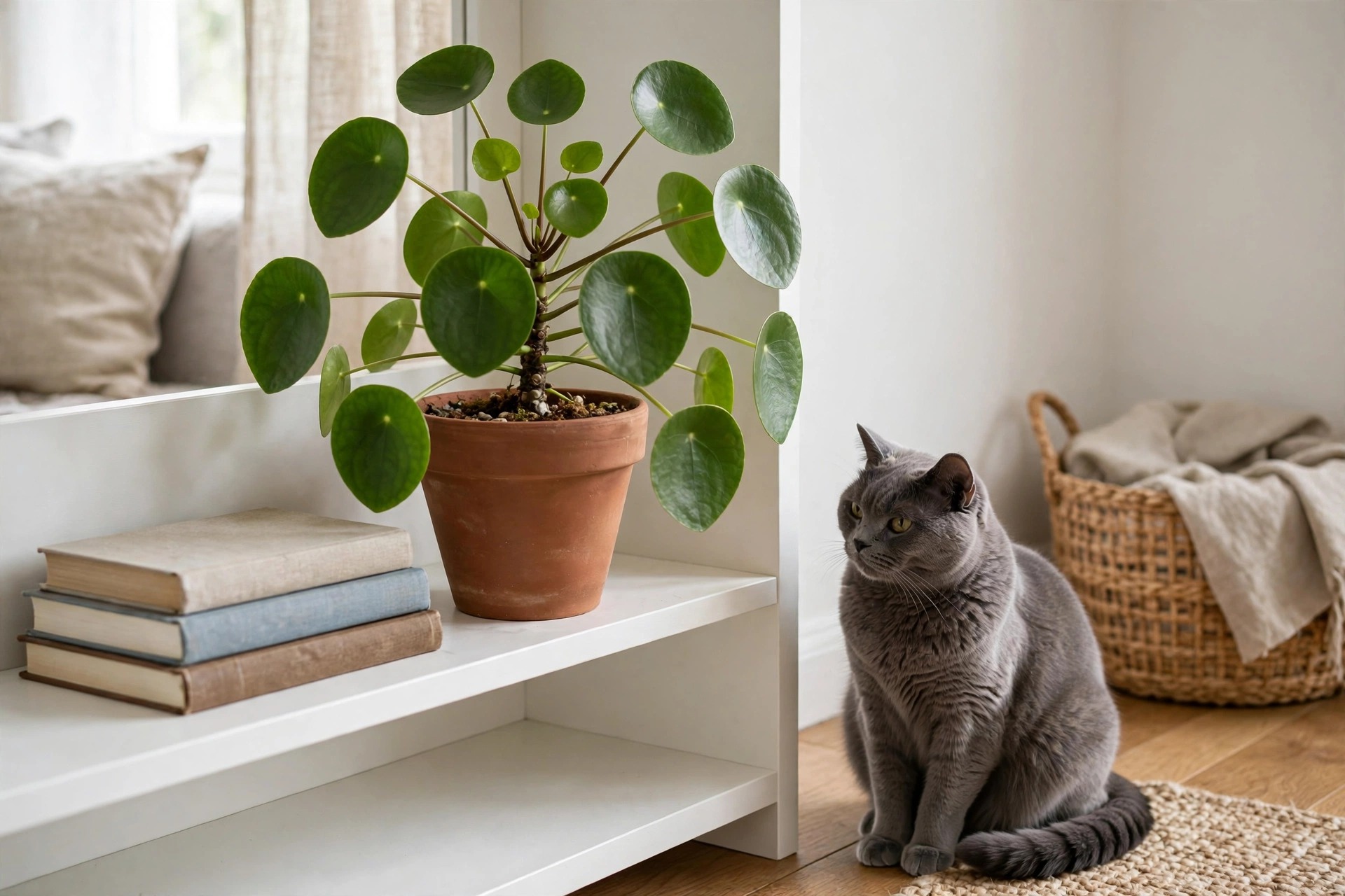 Chinese money plant with round leaves and a cat beside the shelf